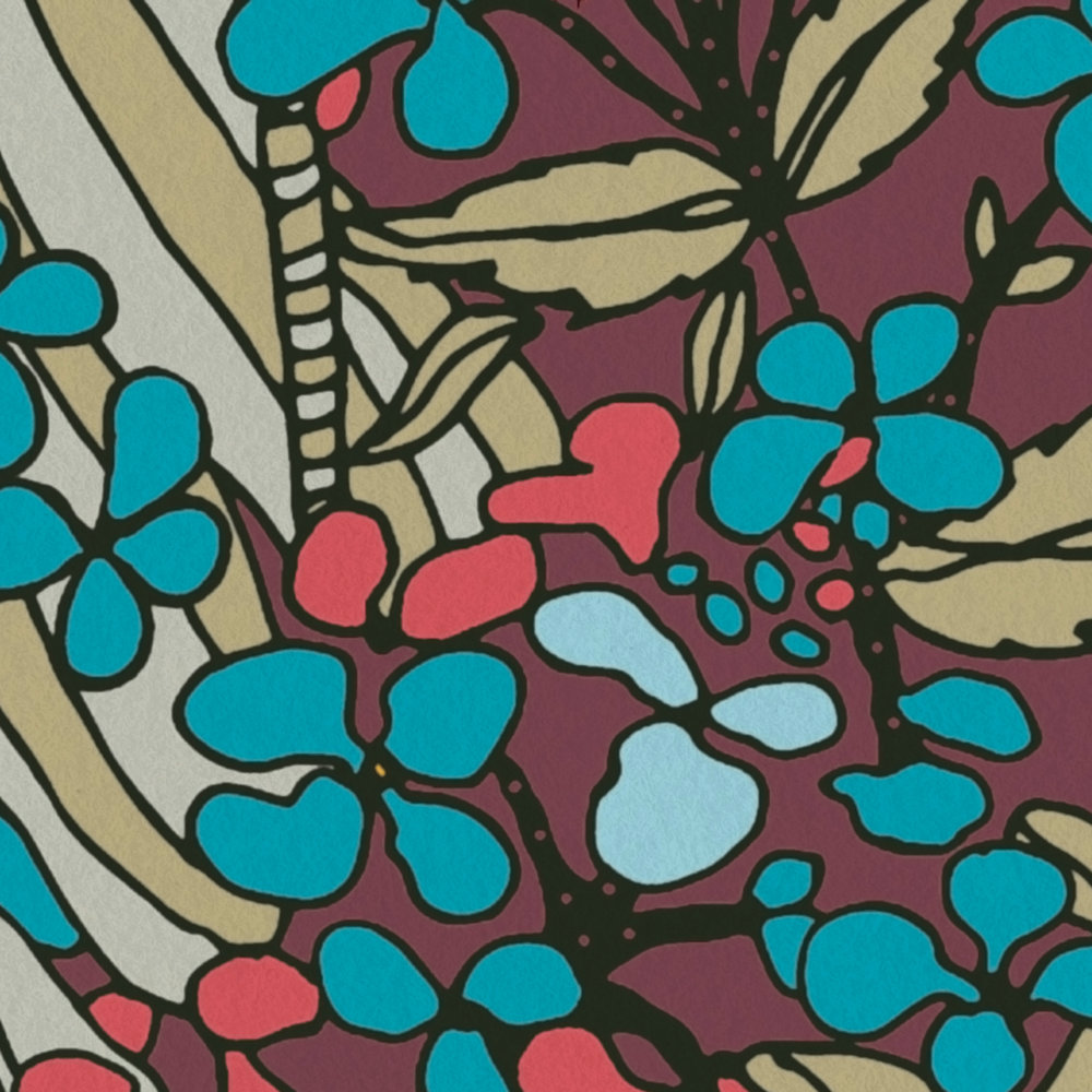             Blumen Tapete Violett im 70er Retro Design – Rot, Blau, Gelb
        
