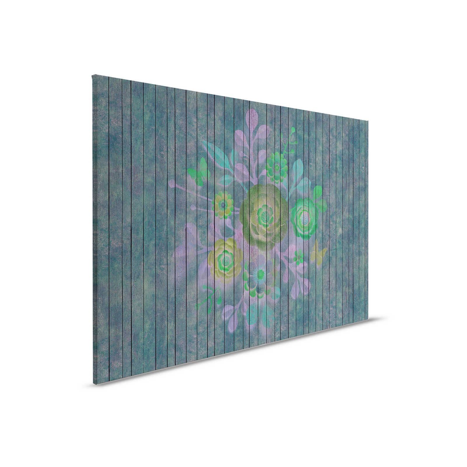 Spray Bouquet 2 - Leinwandbild in Holzpaneele Struktur mit Blumen auf Bretterwand – 0,90 m x 0,60 m
