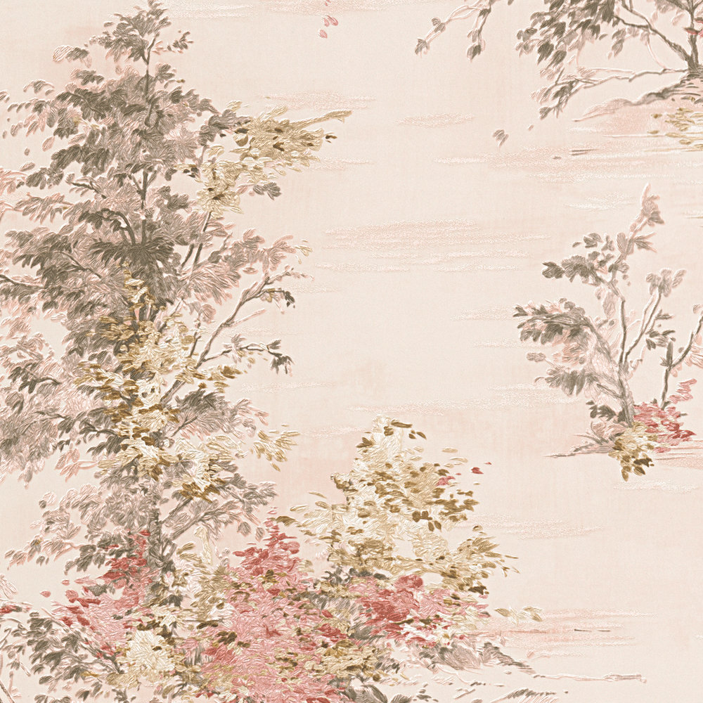             Tapete mit Landschafts-Motiv im klassischen Stil – Rot, Rosa, Grau, Creme
        