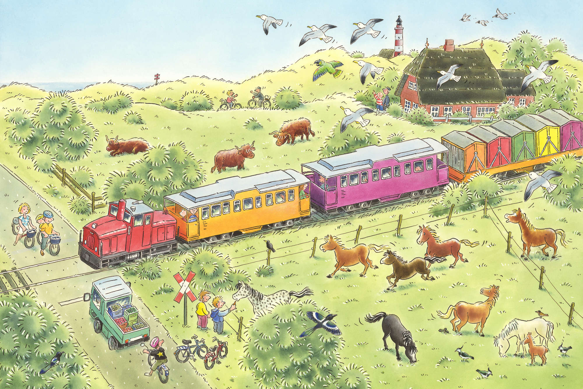             Kinder Fototapete Bahnübergang mit Zug und Tieren auf Premium Glattvlies
        