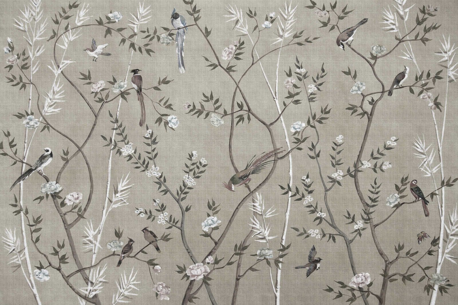             Tea Room 2 - Leinwandbild Vögel & Blüten Design in Greige – 0,90 m x 0,60 m
        