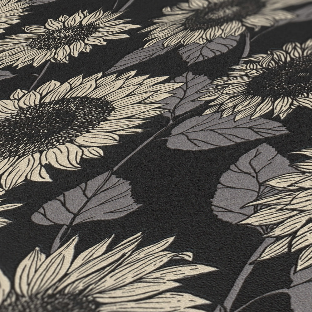             Sonnenblumen Tapete mit Metallic-Effekt Blüten – Schwarz, Anthrazit, Grau
        