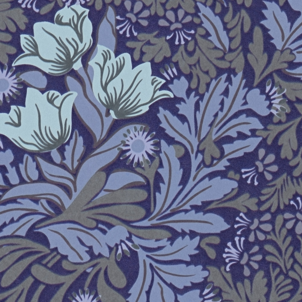             Floral Vliestapete mit Blätterranken und Blüten – Blau, Grau, Grün
        