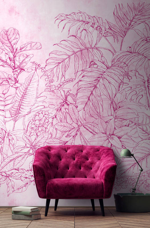             Fototapete Blumen & Blätter Muster – Rosa, Creme
        