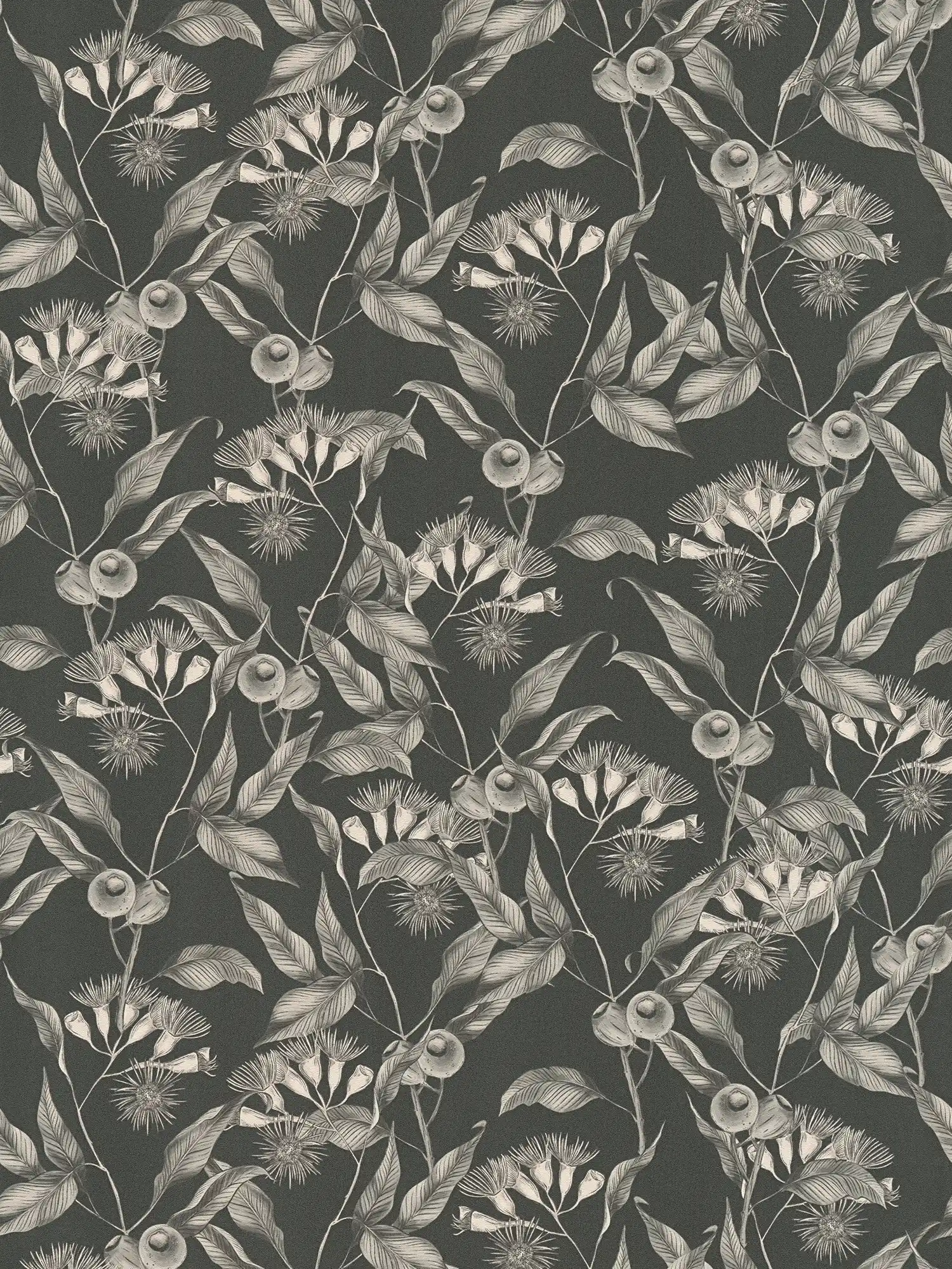 Moderne Tapete floral mit Blättern & Blüten strukturiert matt – Schwarz, Weiß, Grau

