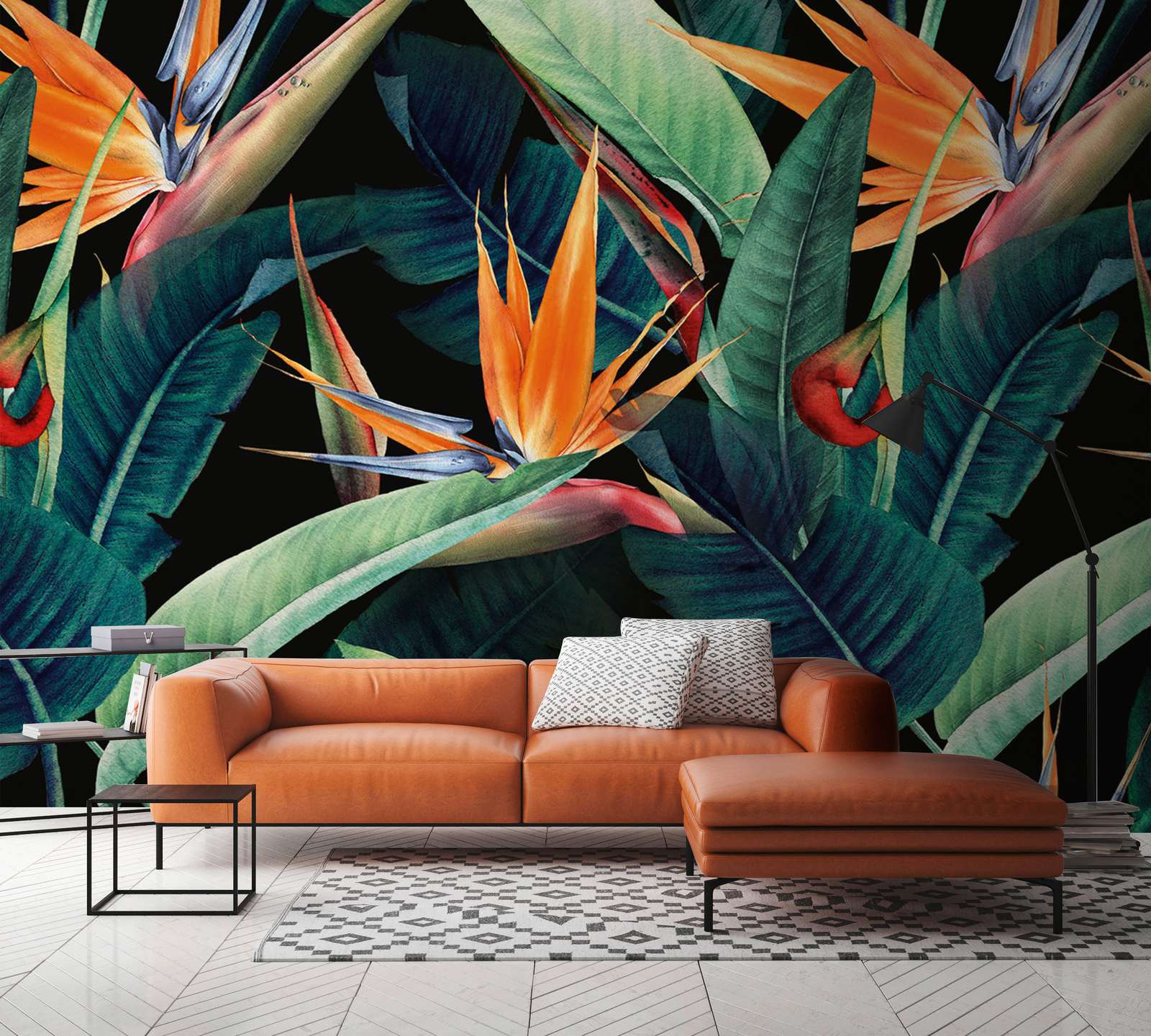             Fototapete Dschungelmotiv mit Blättern gemalt – Grün, Orange, Bunt
        