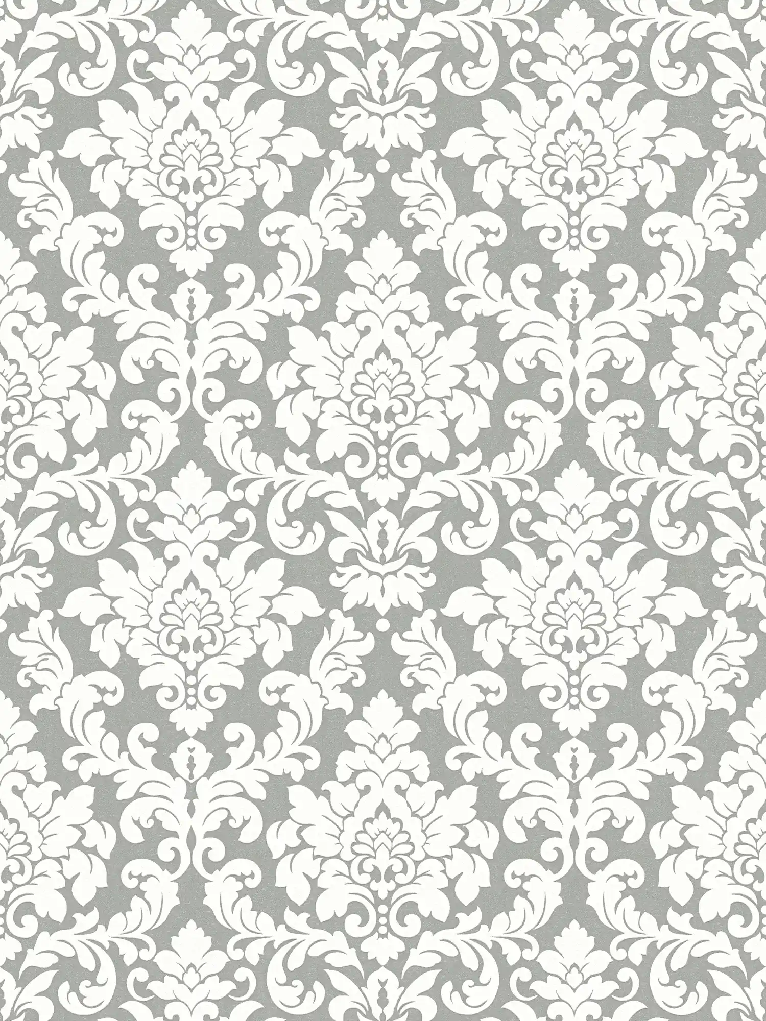 Silberne Tapete mit weißem Ornament Design
