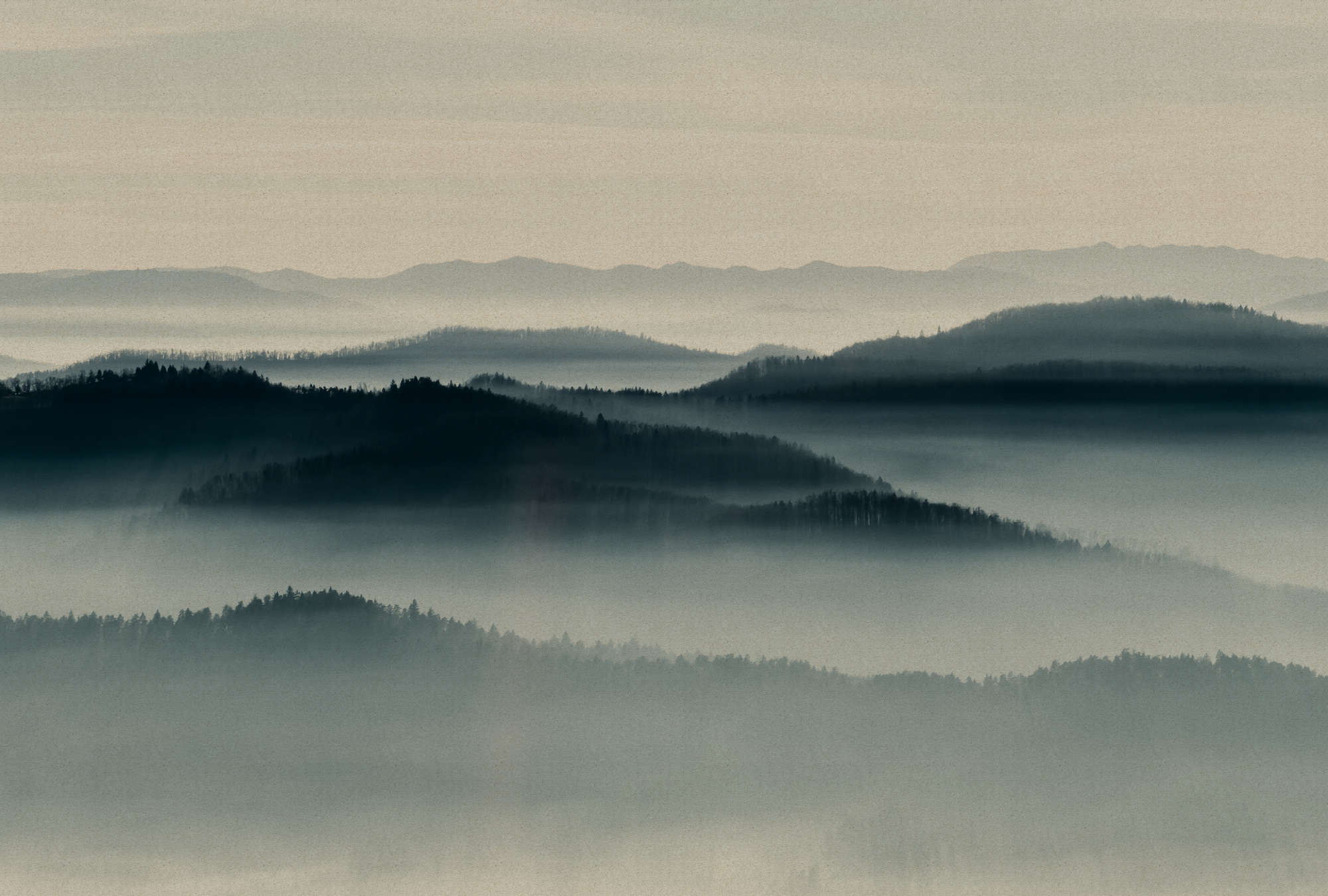             Horizon 1 - Fototapete mit Nebel-Landschaft, Natur Sky Line in Pappe Struktur – Beige, Blau | Perlmutt Glattvlies
        