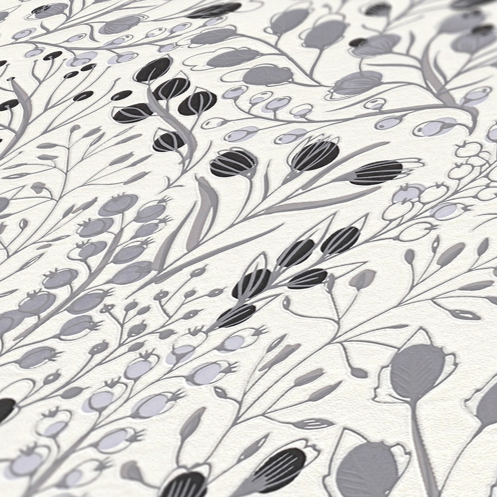             Abstrakte Floral Tapete im Zeichenstil matt – Grau, Weiß, Schwarz
        