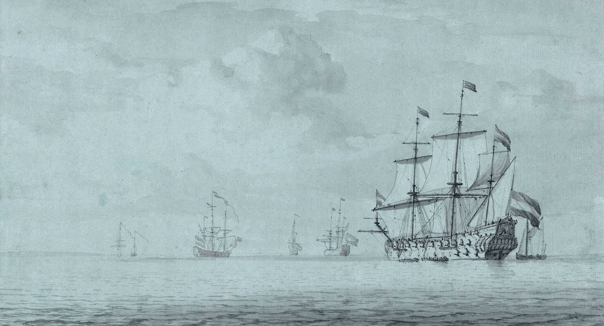             On the Sea 1 – Graublaue Fototapete Schiffe Vintage Gemälde Stil
        