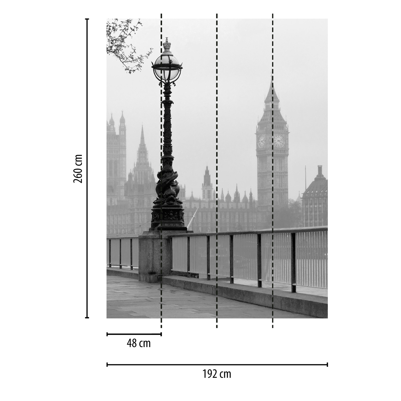             Fototapete London Stadt im Nebel – Schwarz, Weiß, Grau
        