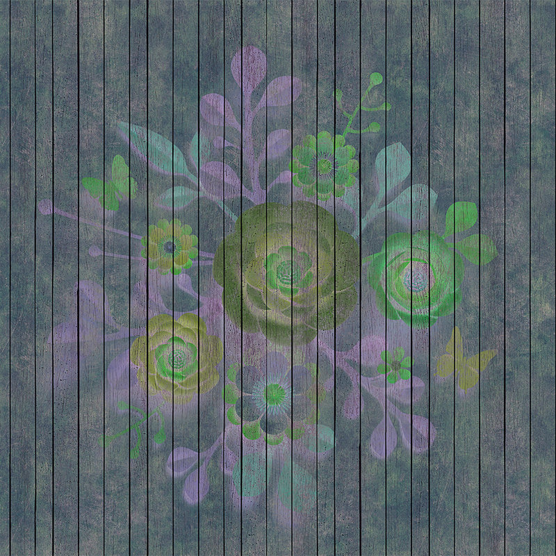 Spray Bouquet 2 - Fototapete in Holzpaneele Struktur mit Blumen auf Bretterwand – Blau, Grün | Mattes Glattvlies
