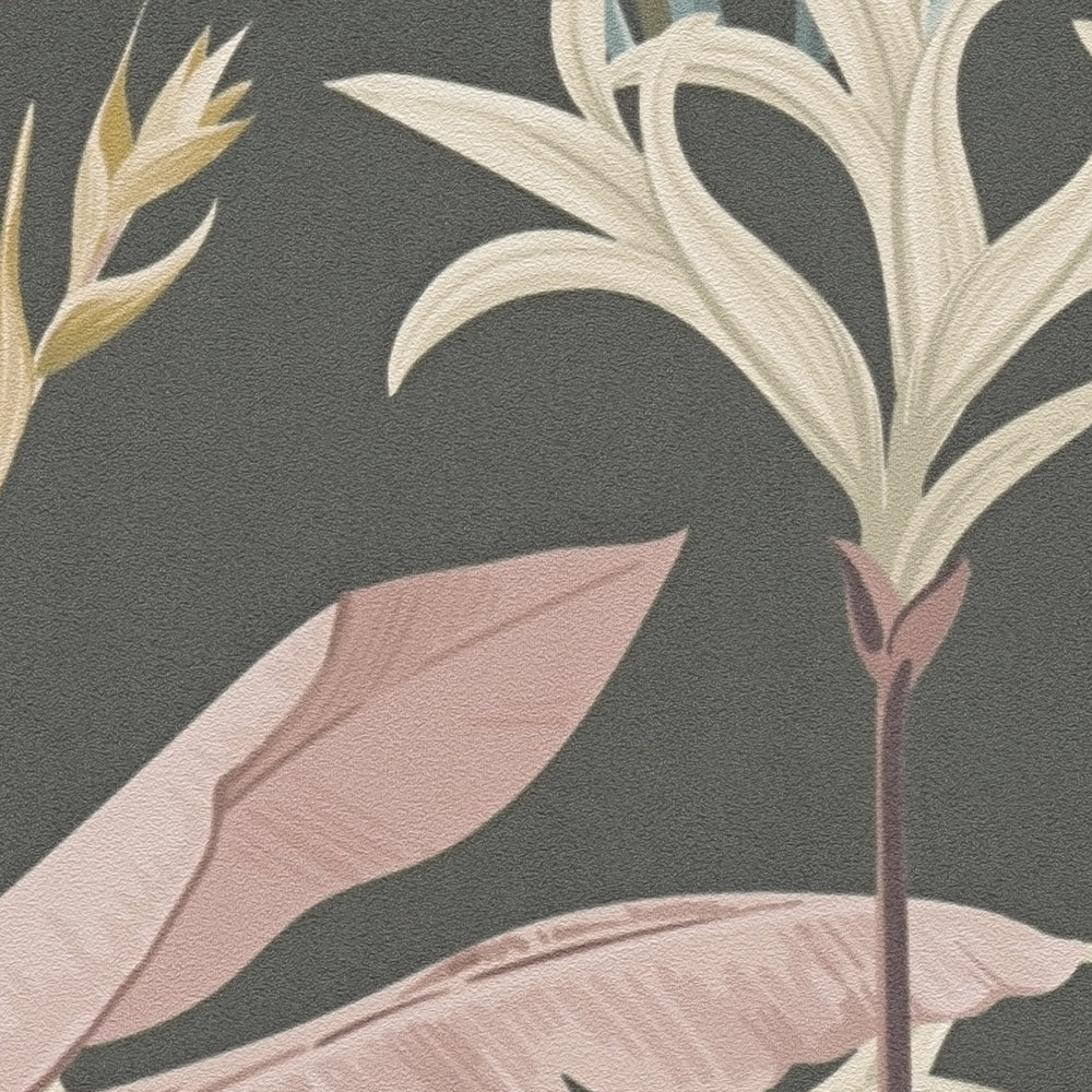             Vliestapete mit floralem Blätter Muster detailliert - Blau, Rosa, Braun
        