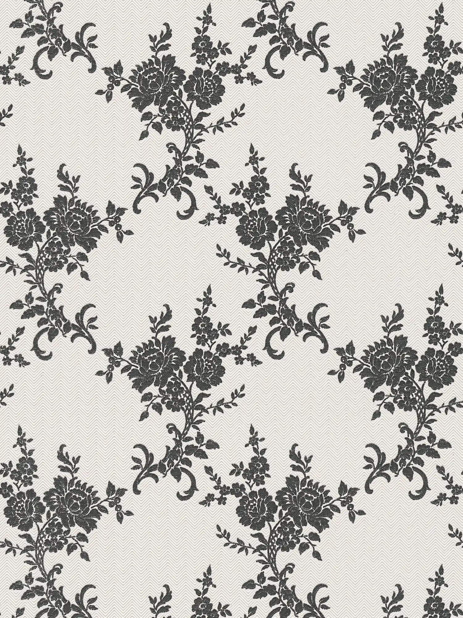 Papiertapete florale Ornamente & Chevron-Muster – Schwarz, Weiß, Silber
