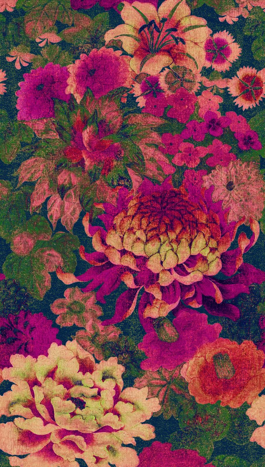             Blumentapete mit verschiedenen Blüten Vintage-Stil – Rot, Grün
        