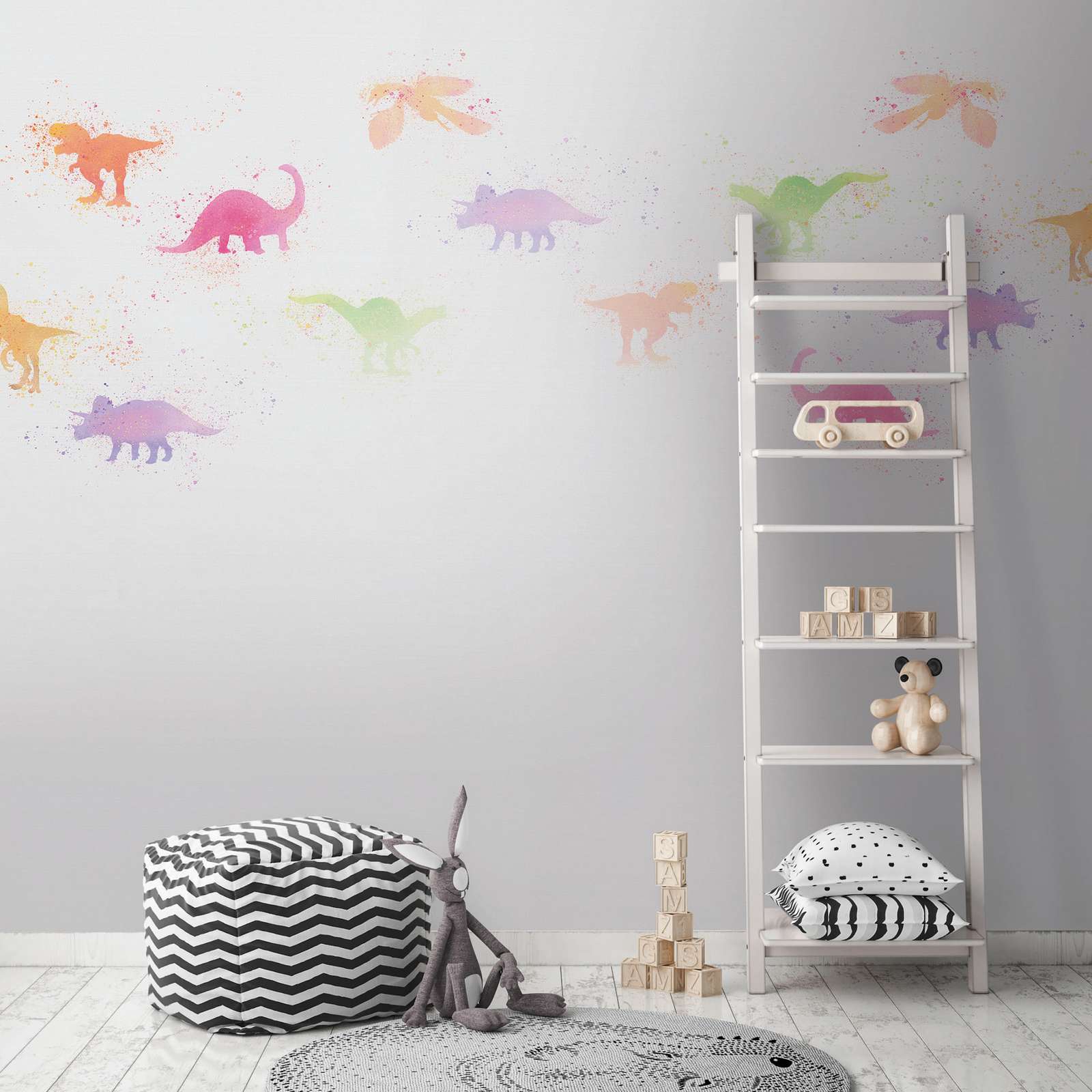             Fototapete Kinderzimmer mit kleinen Dinosauriern – Bunt, Weiß
        