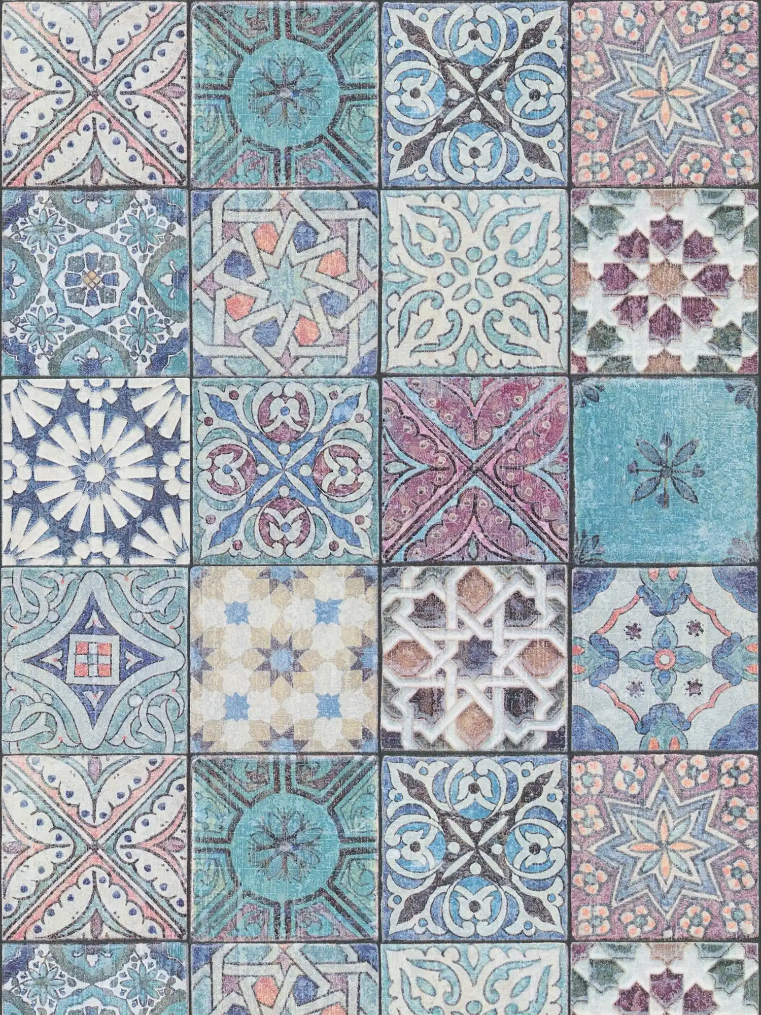 Selbstklebende Fliesen Tapete Vintage Mosaikmuster – Bunt, Blau, Violett
