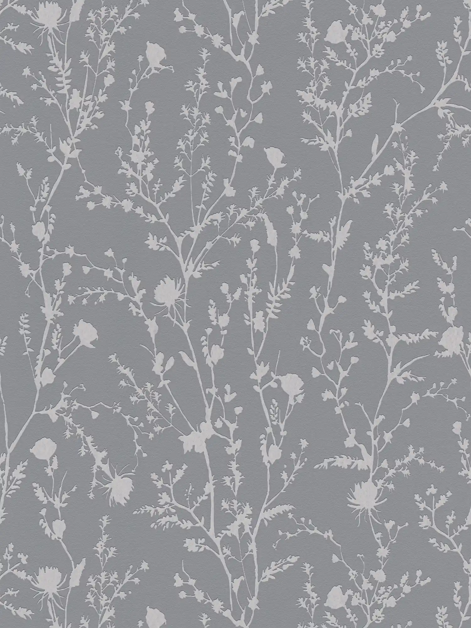 Florale Tapete mit sanfter Gräser und Blüten Bemusterung – Grau, Silber
