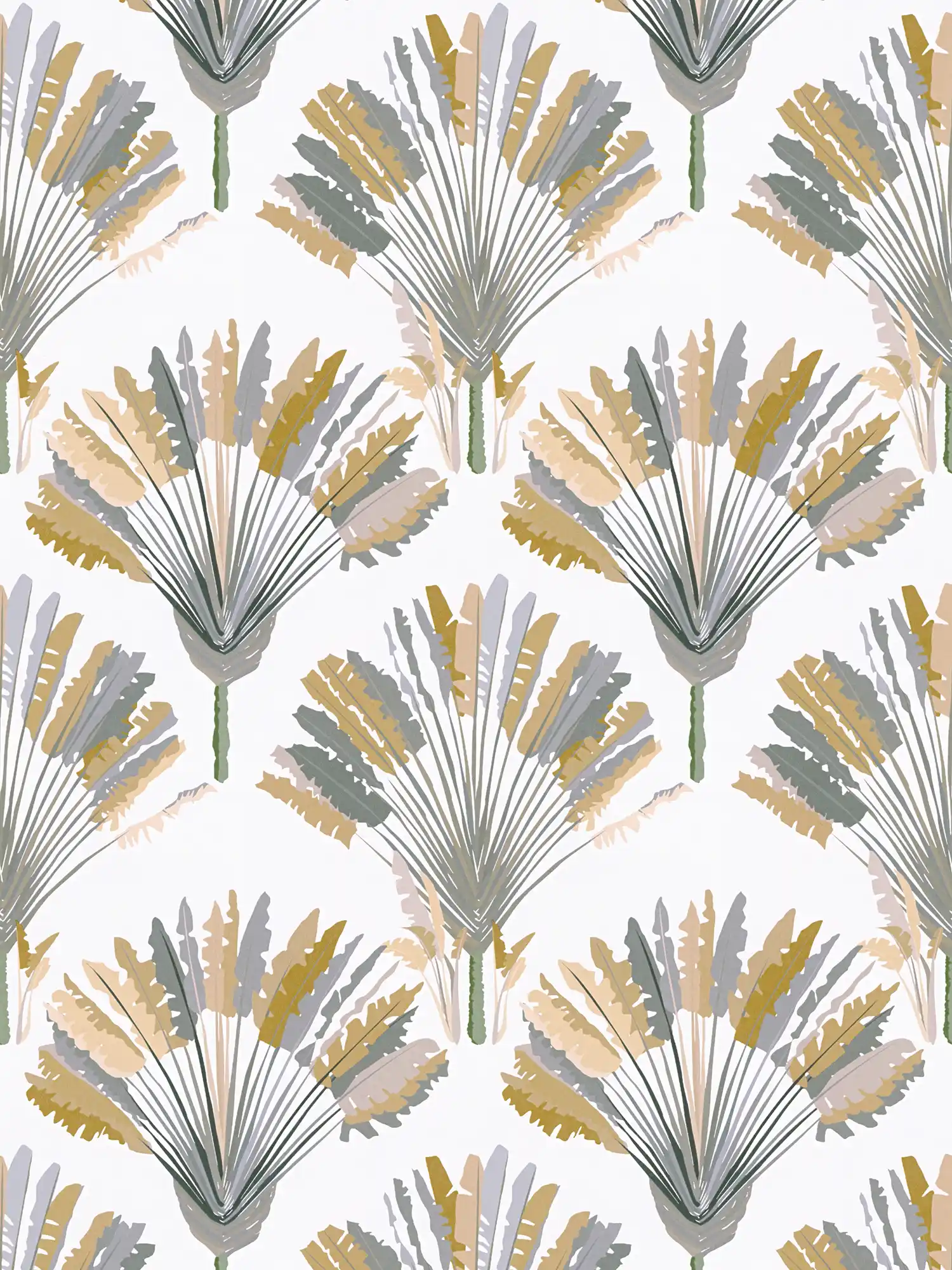 Palmen Tapete mit Musterdruck im modernen Stil – Gelb, Grau, Weiß
