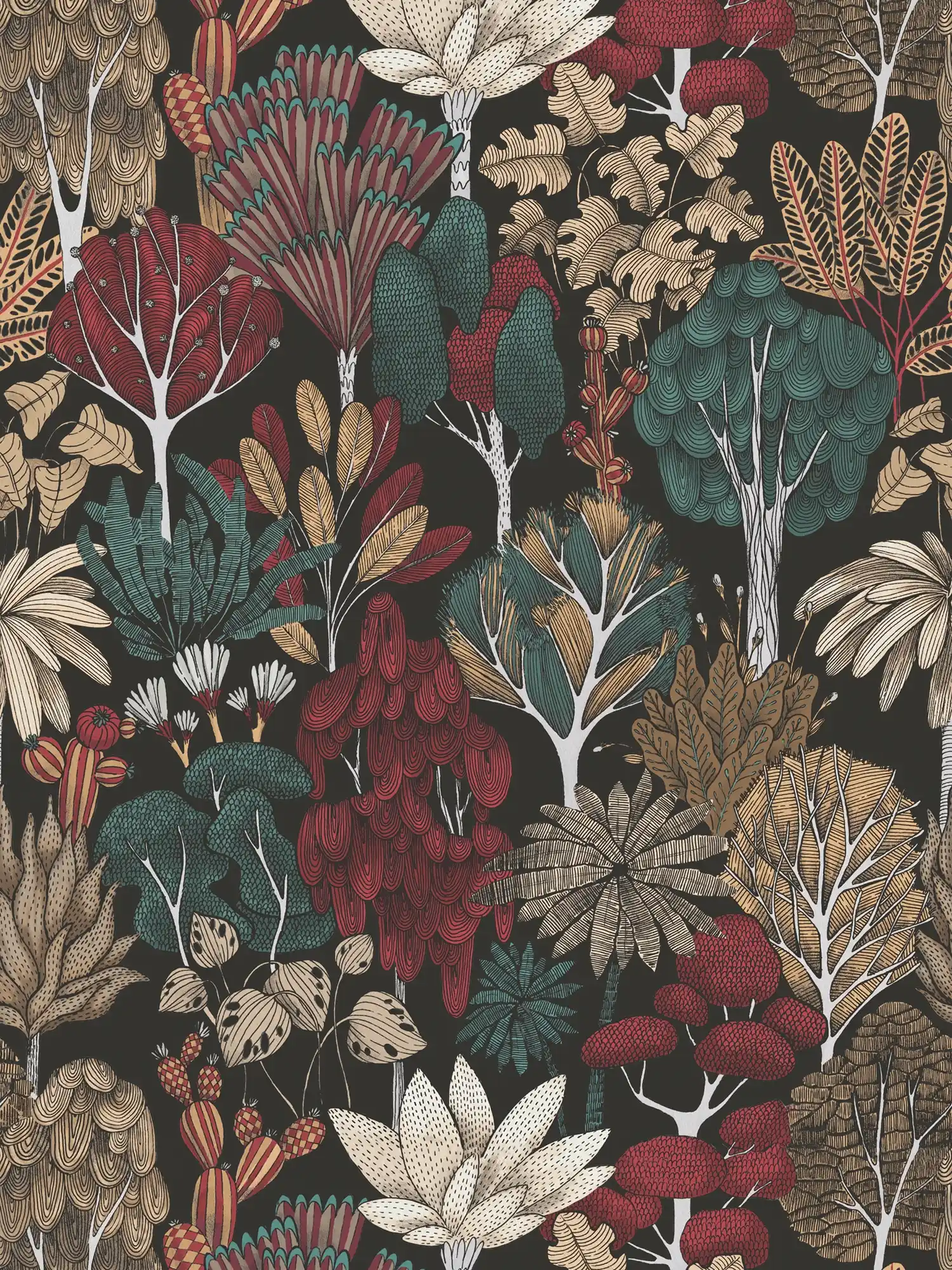         Tapete Bäume & Blätter im Zeichenstil – Schwarz, Grün, Rot
    