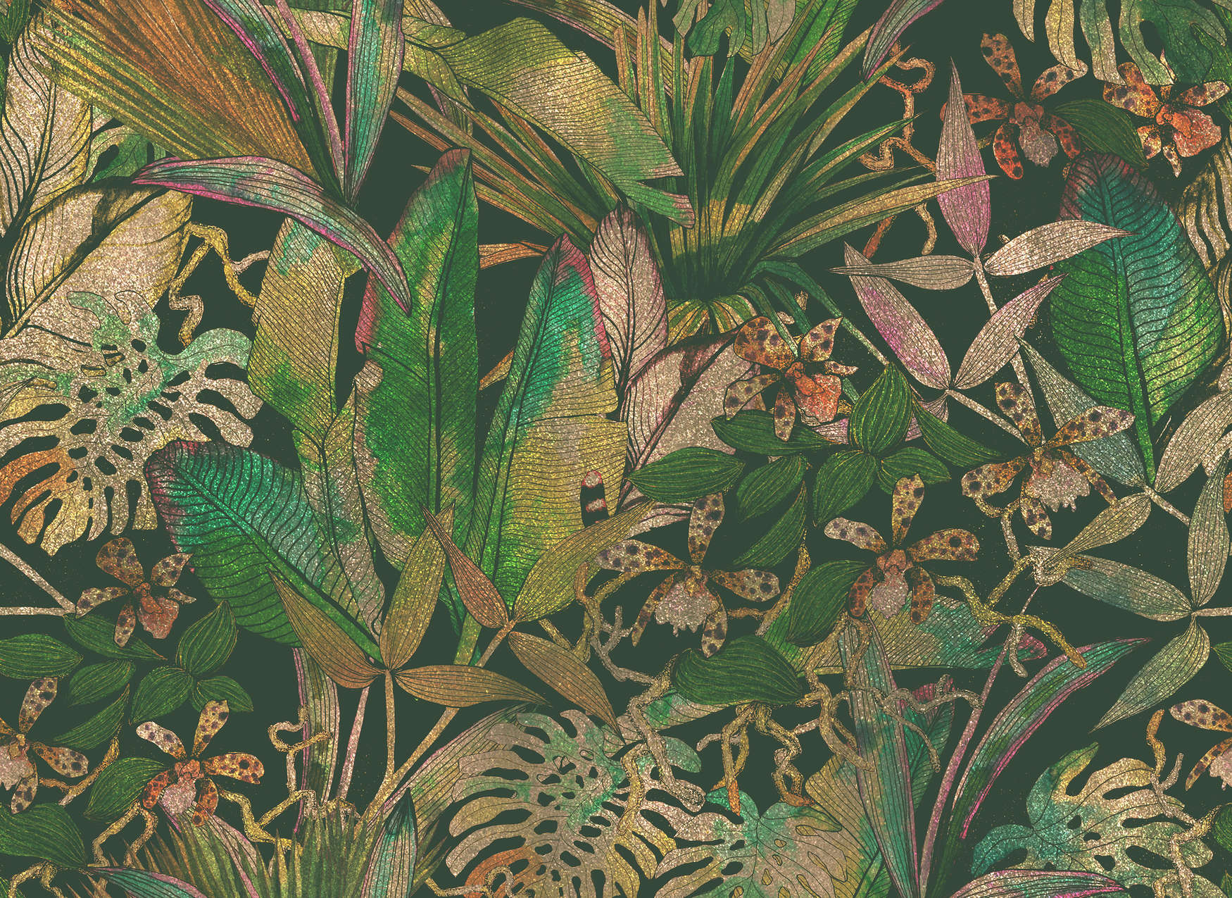             Fototapete Dschungelmotiv mit Blättern & Blumen – Grün, Beige
        