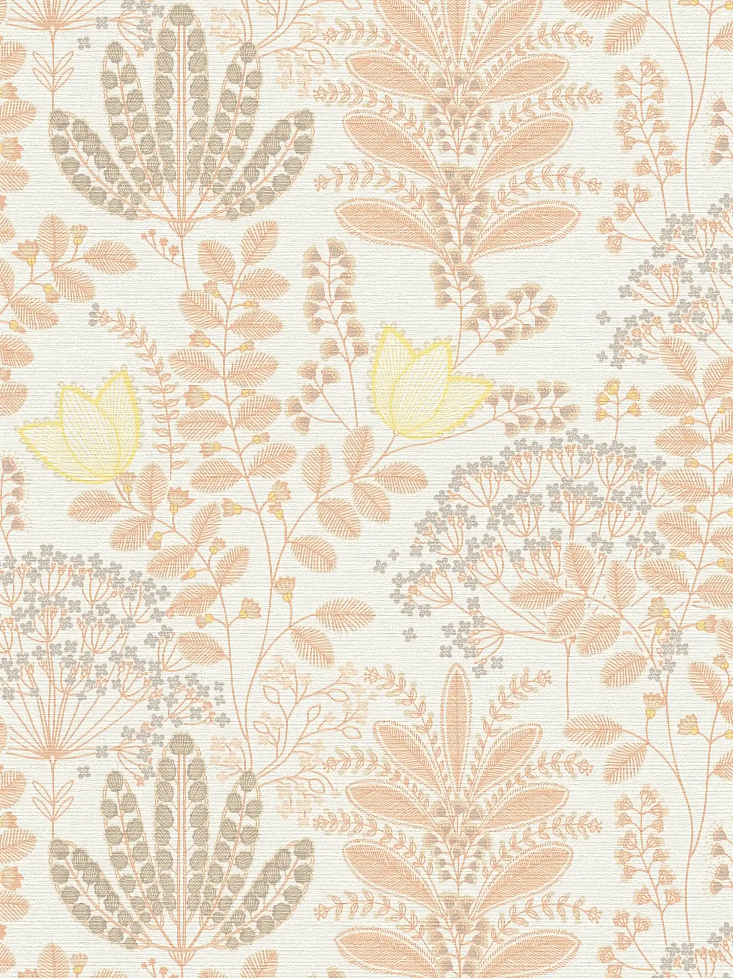 Florale Tapete mit Blättern im Retro-Stil leicht strukturiert, matt – Weiß, Orange, Gelb
