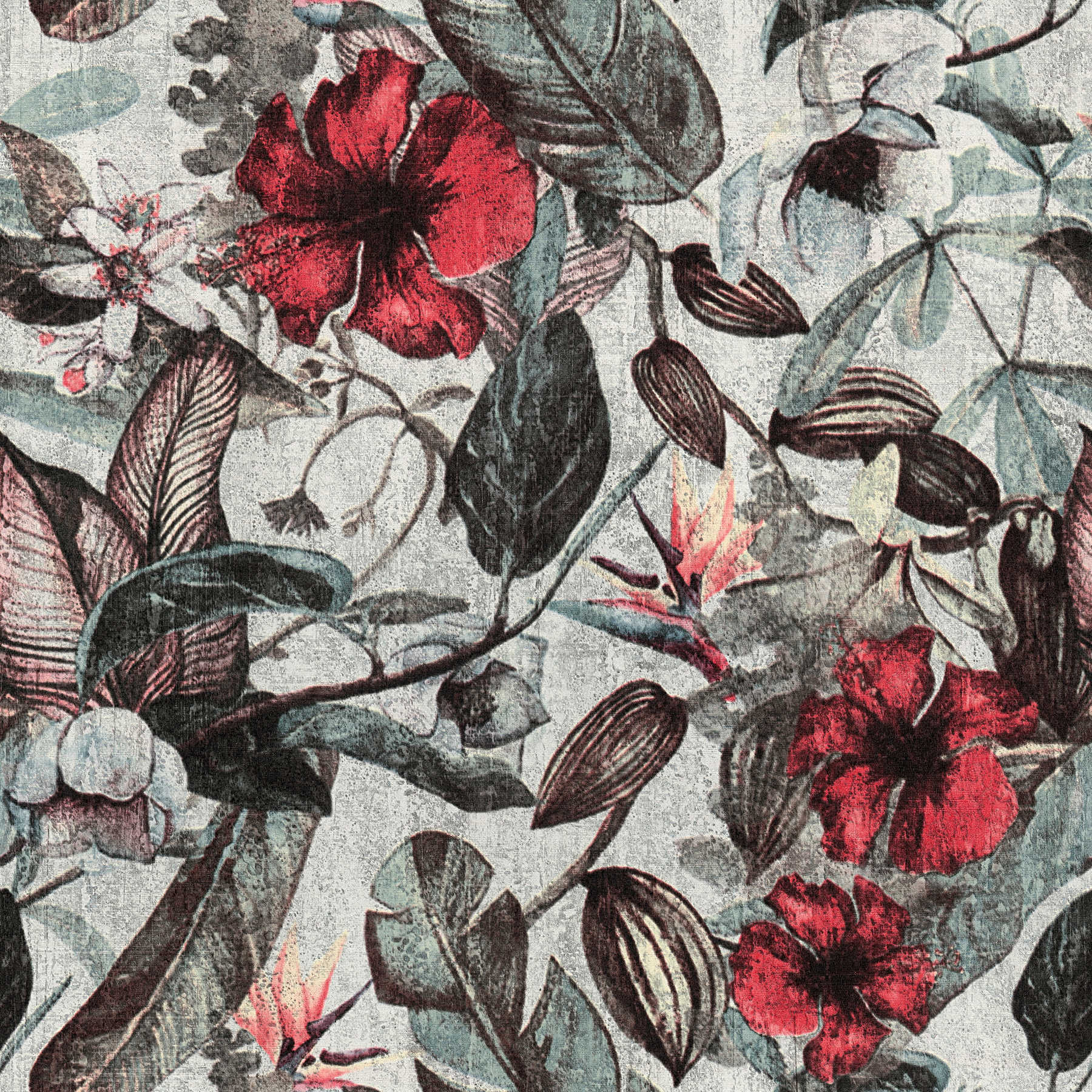             Tapete tropisches Blütenmuster im Textil-Look – Rot, Grün, Gelb
        