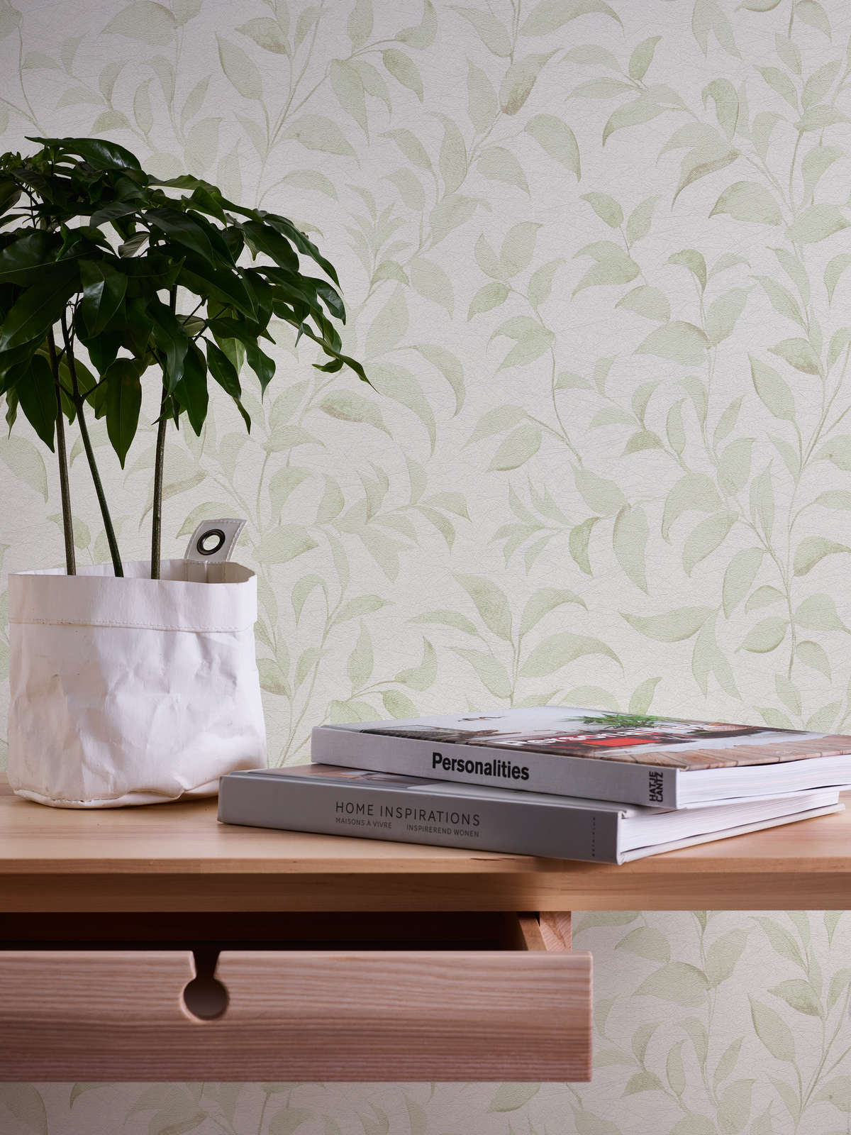             Blätter-Tapete floral schimmernd strukturiert – Weiß, Grün
        