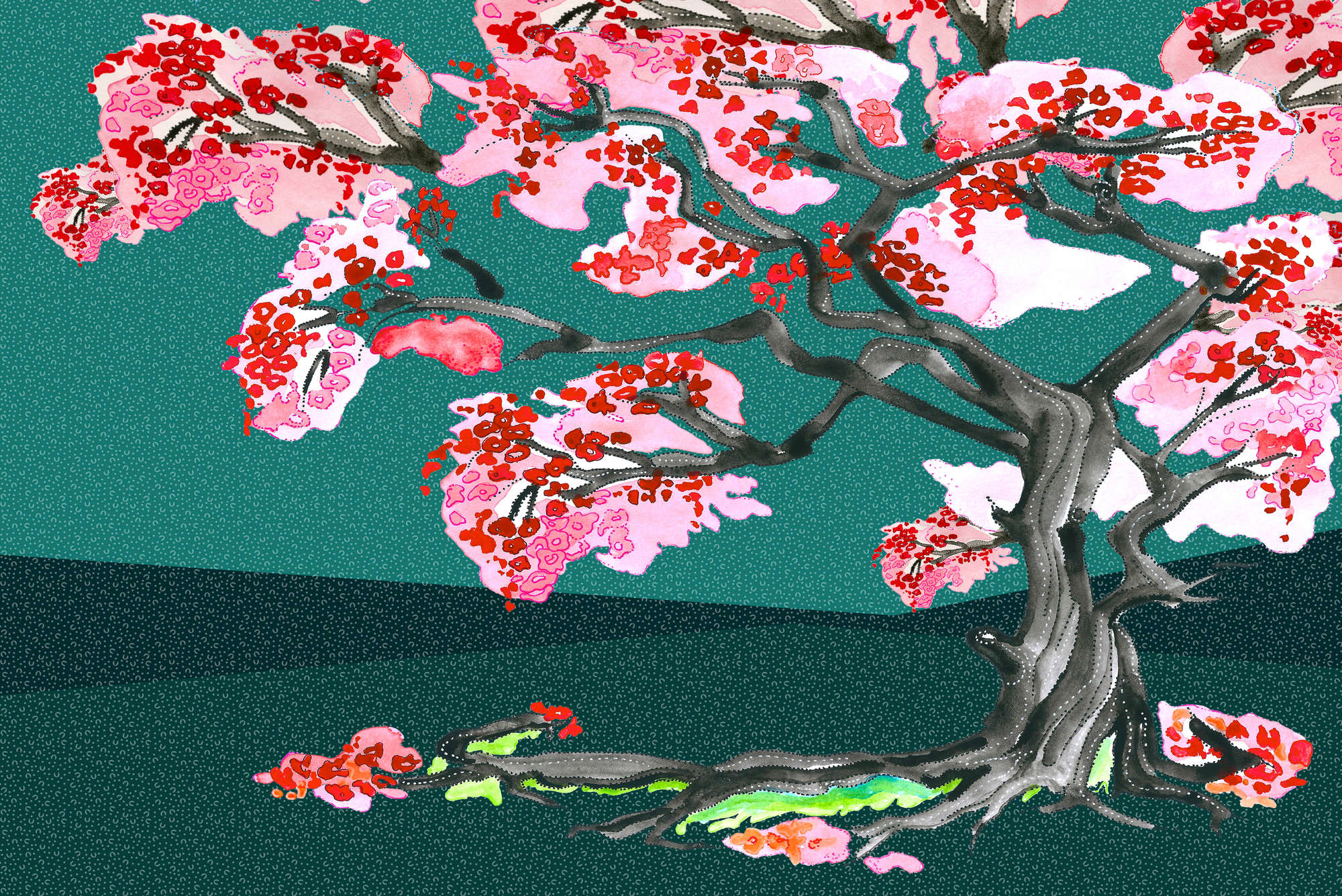             Kirschblüten Fototapete im Asian Comic Stil auf Perlmutt Glattvlies
        