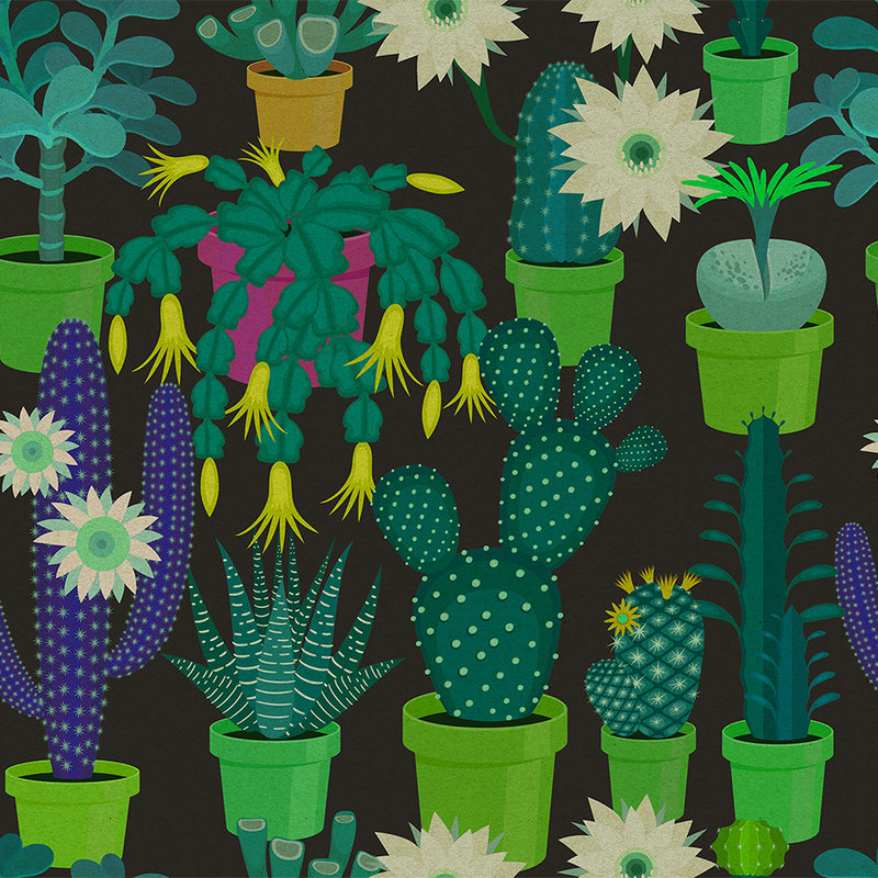 Cactus garden 2 - Fototapete mit bunten Kakteen im Comic Stil in Pappe Struktur – Grün, Schwarz | Struktur Vlies
