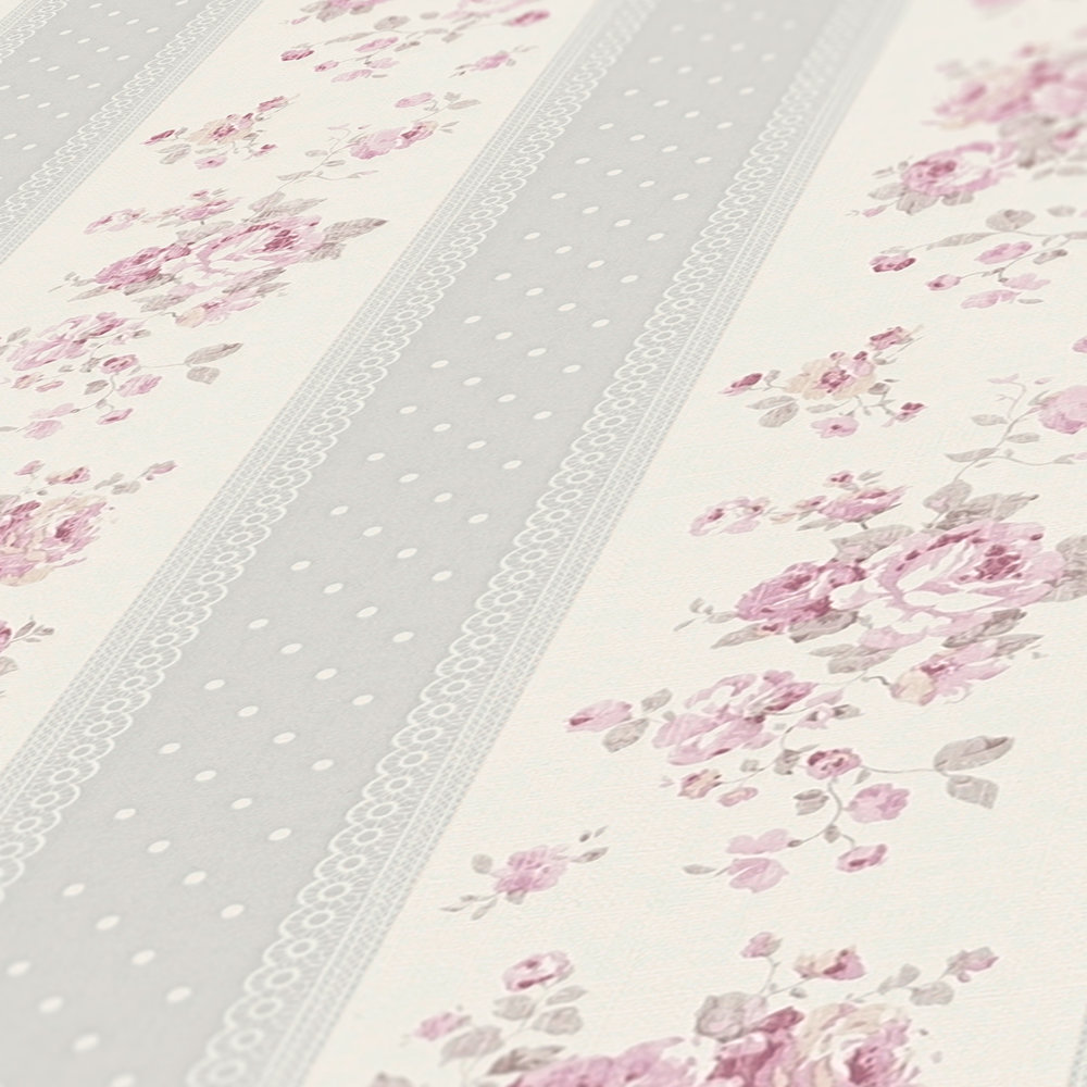             Streifentapete mit Blumen und Punkt Muster – Grau, Weiß, Rosa
        