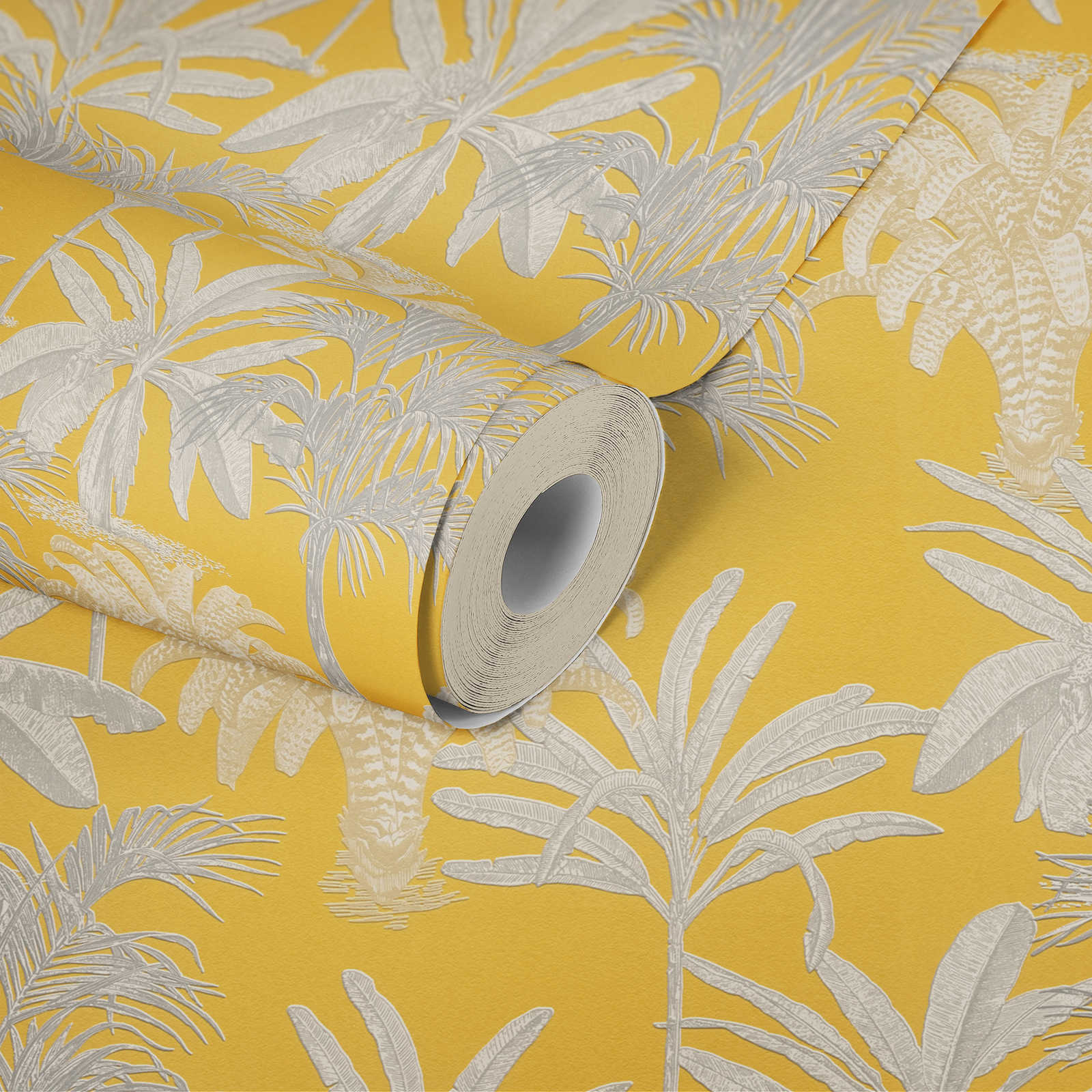             Palmen Tapete Senfgelb mit Strukturmuster – Gelb, Grau
        