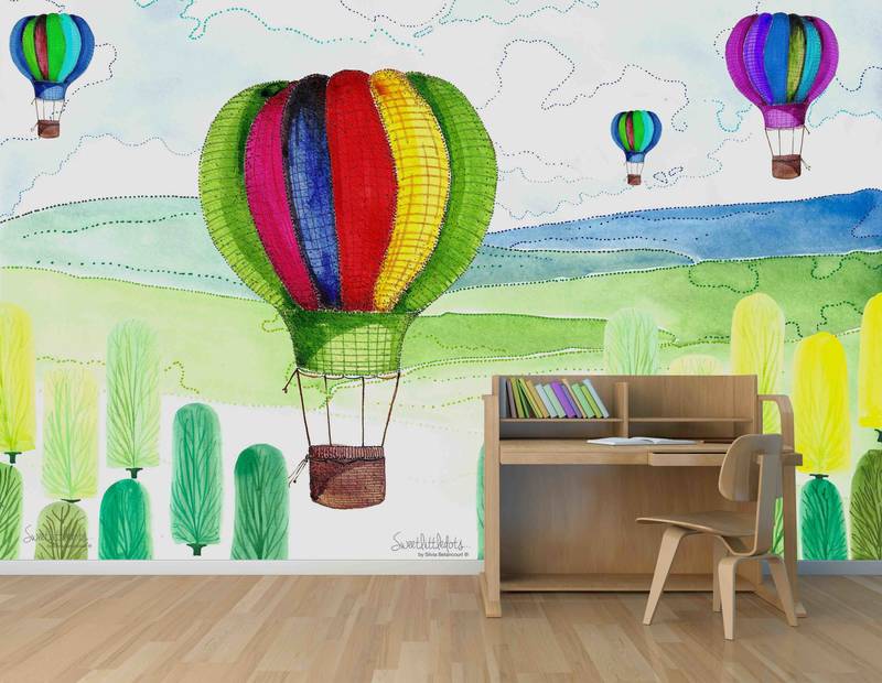             Kinder Fototapete Ballon und Wald Zeichnungen auf Perlmutt Glattvlies
        