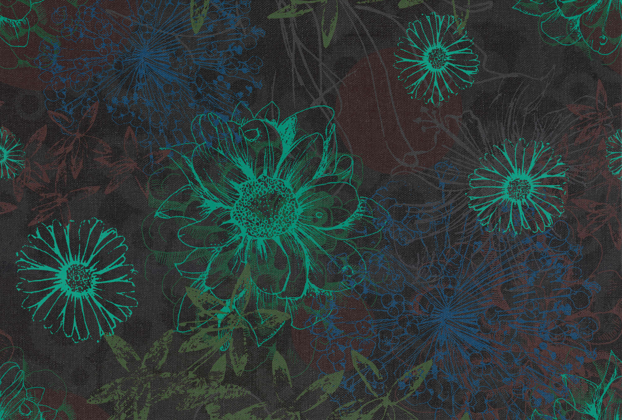             Blumen Fototapete mit leuchtendem Blütenmuster – Grün, Blau, Braun
        