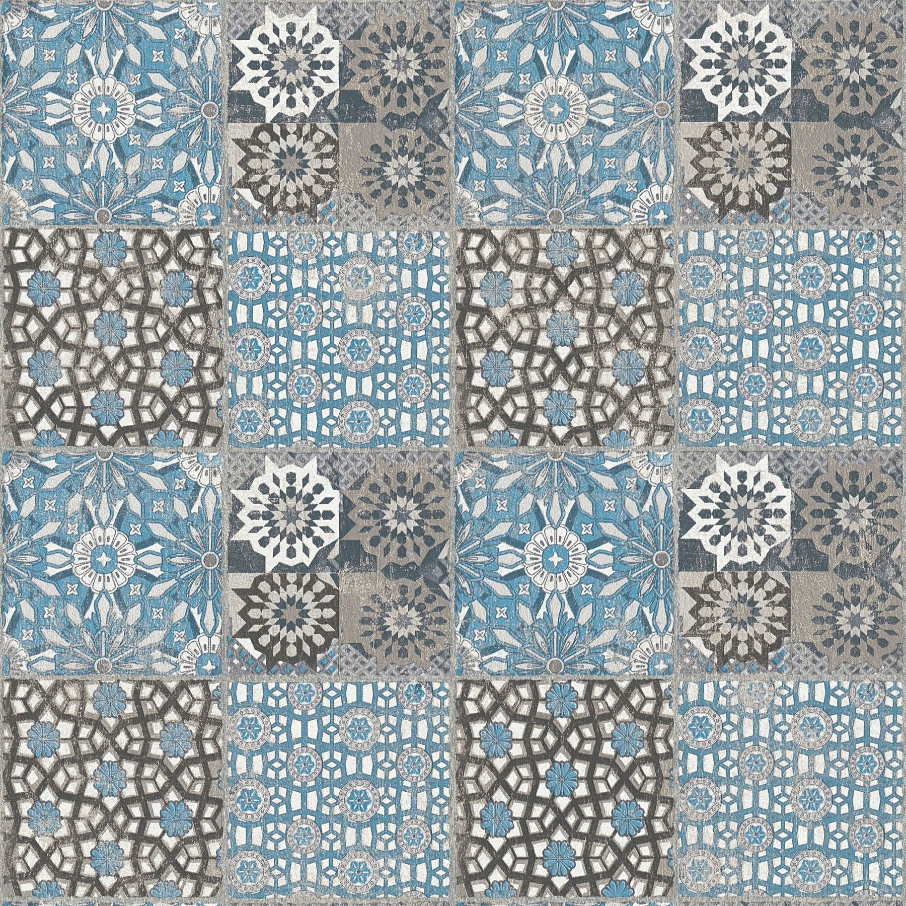         Fliesen Tapete mit Retro-Muster & Used-Optik – Blau, Grau
    