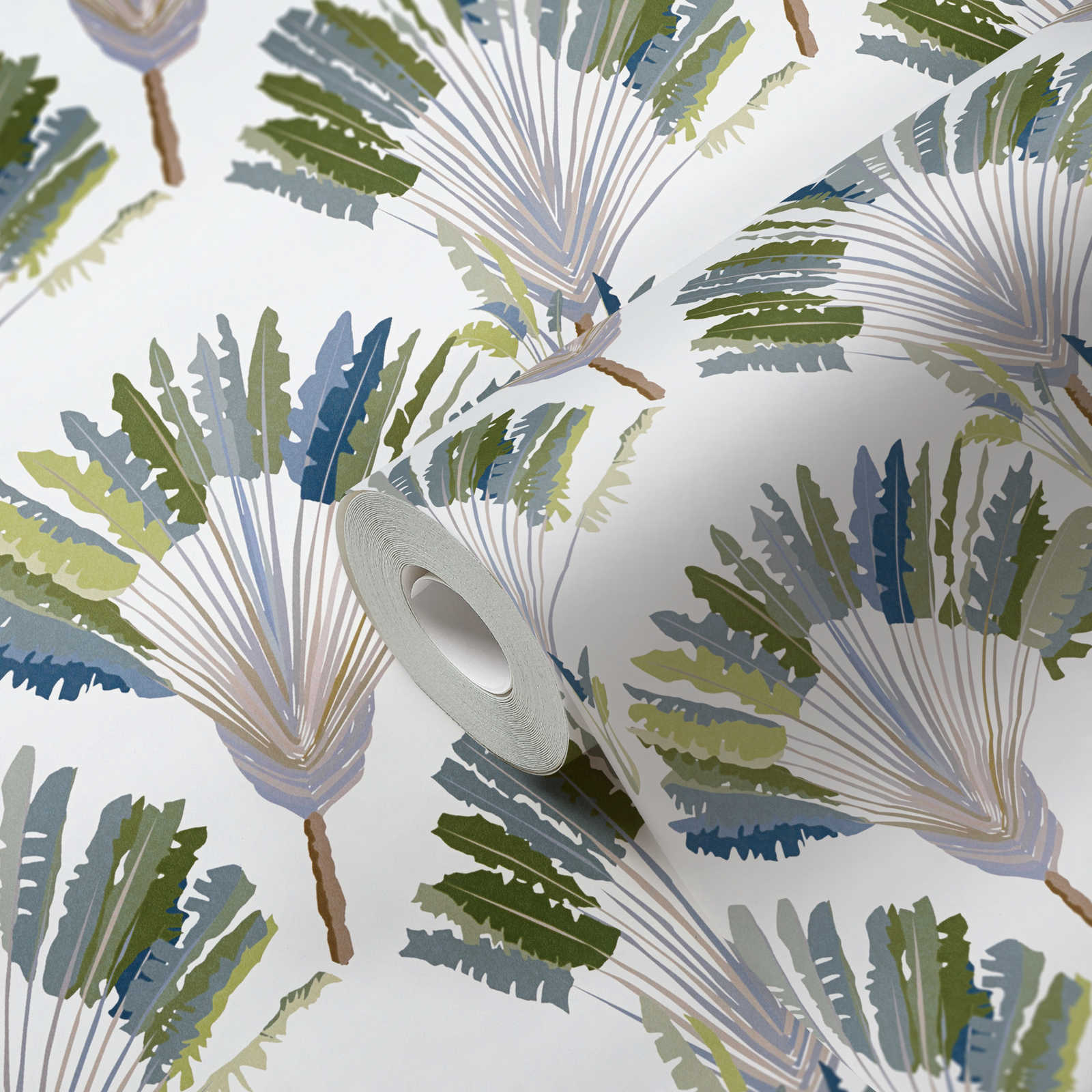             Tapete Palmenblätter & Stauden im abstrakten Muster – Grün, Weiß, Blau
        