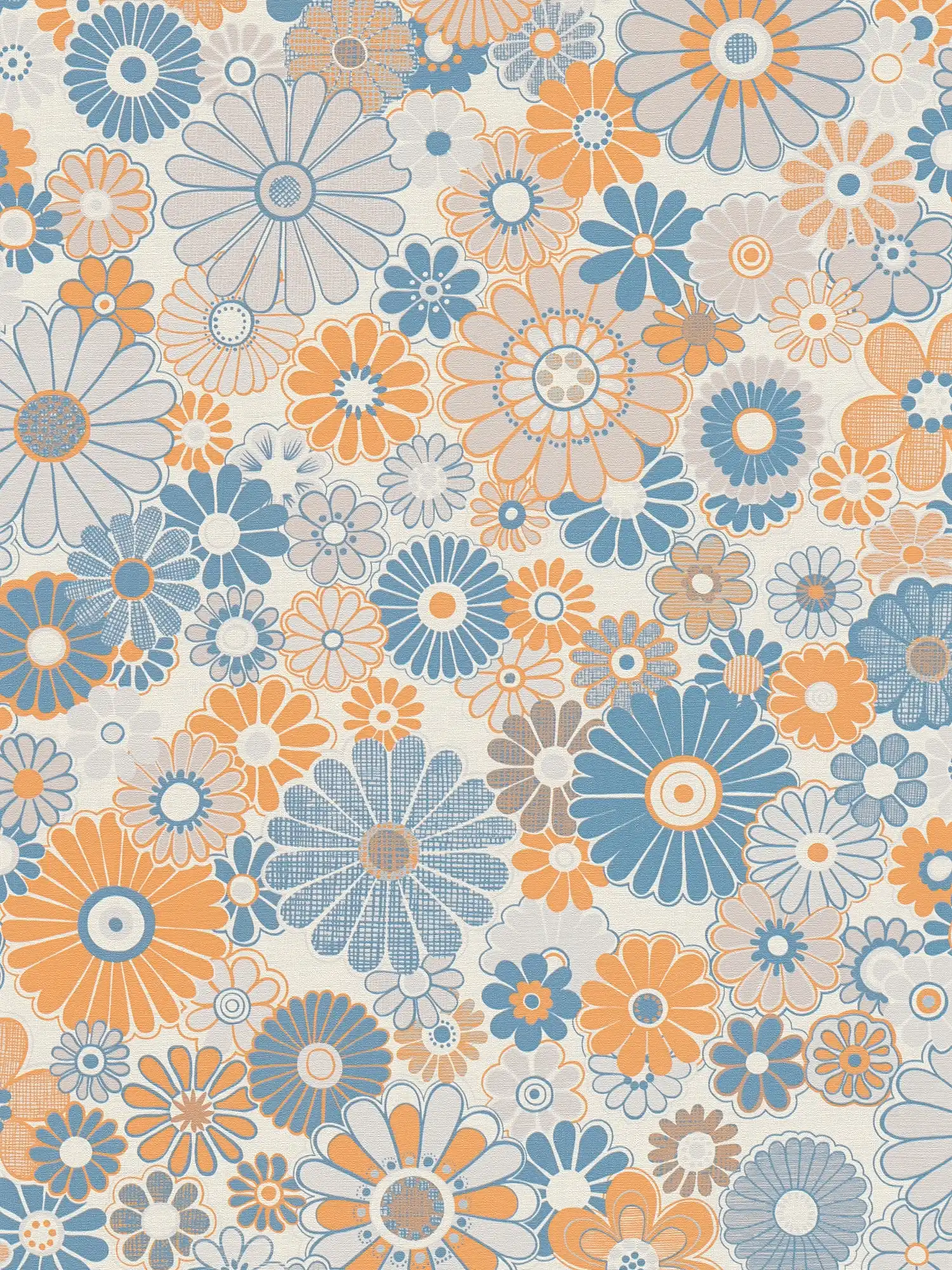 Vliestapete mit floraler Bemusterung im Retro Stil – Blau, Orange, Grau
