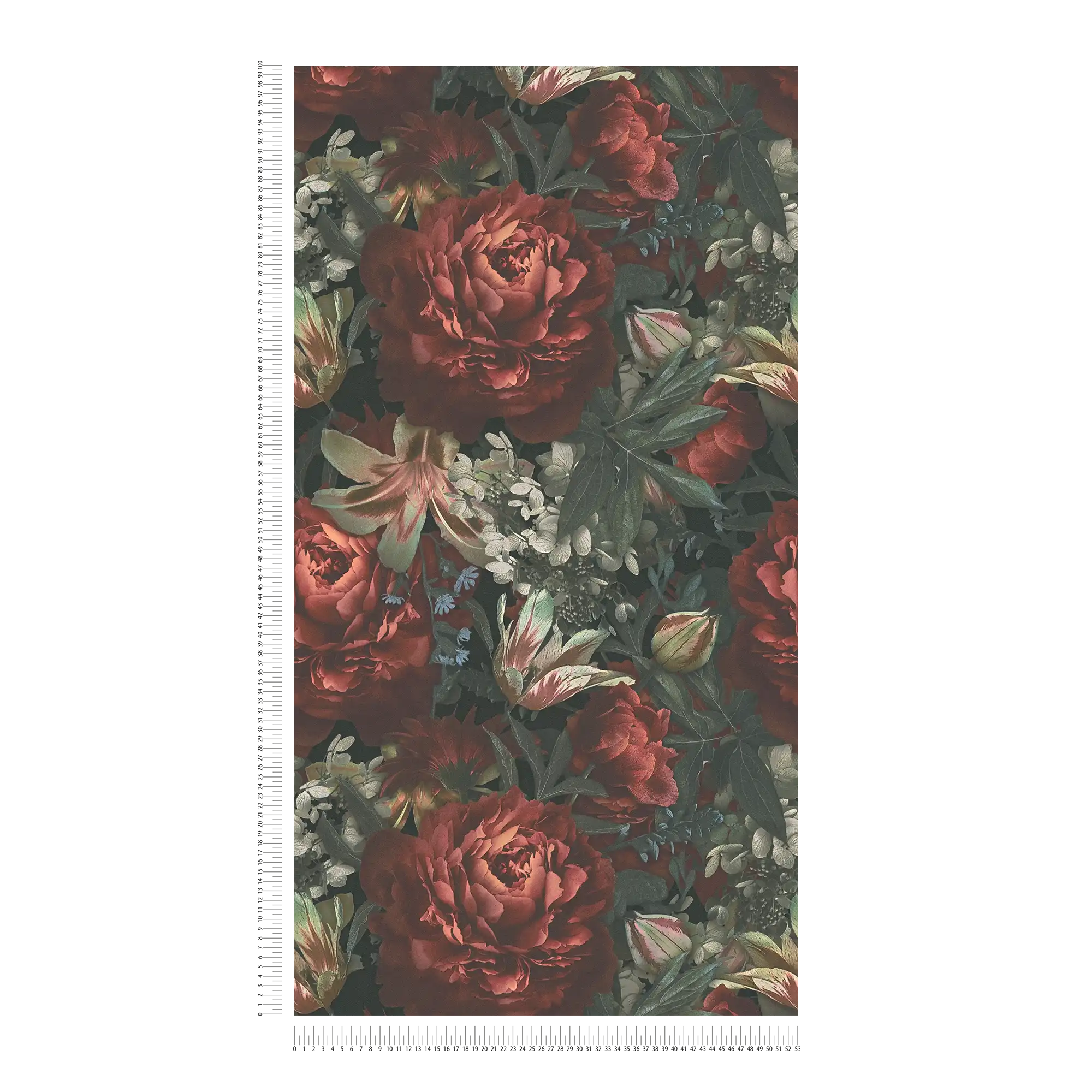             Blumentapete Rosen & Tulpen vintage Stil – Grün, Rot, Creme
        