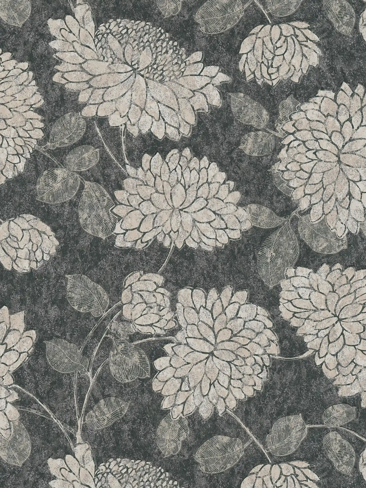 Mustertapete mit Blumen mit leichtem Glanz – Schwarz, Weiß, Silber
