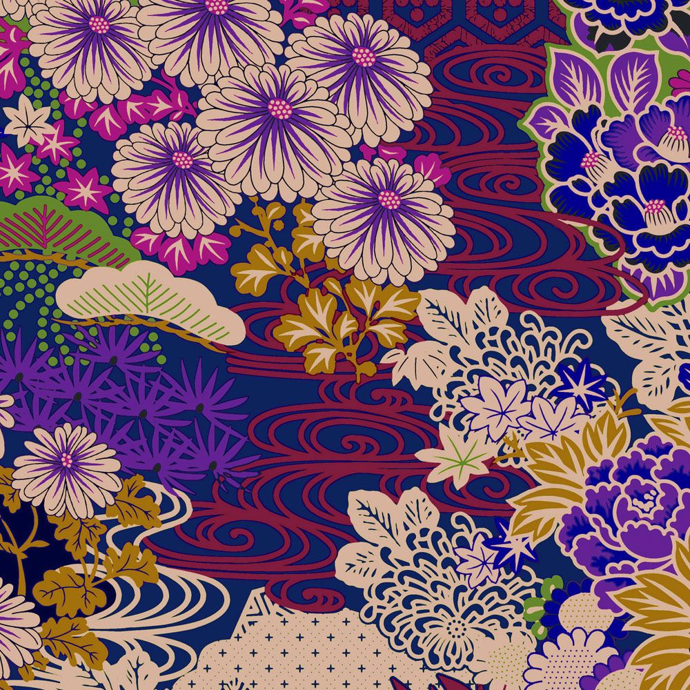             Fototapete »kimo 2« - Abstraktes Blüten-Artwork – Lila, Grün | Glattes, leicht perlmutt-schimmerndes Vlies
        
