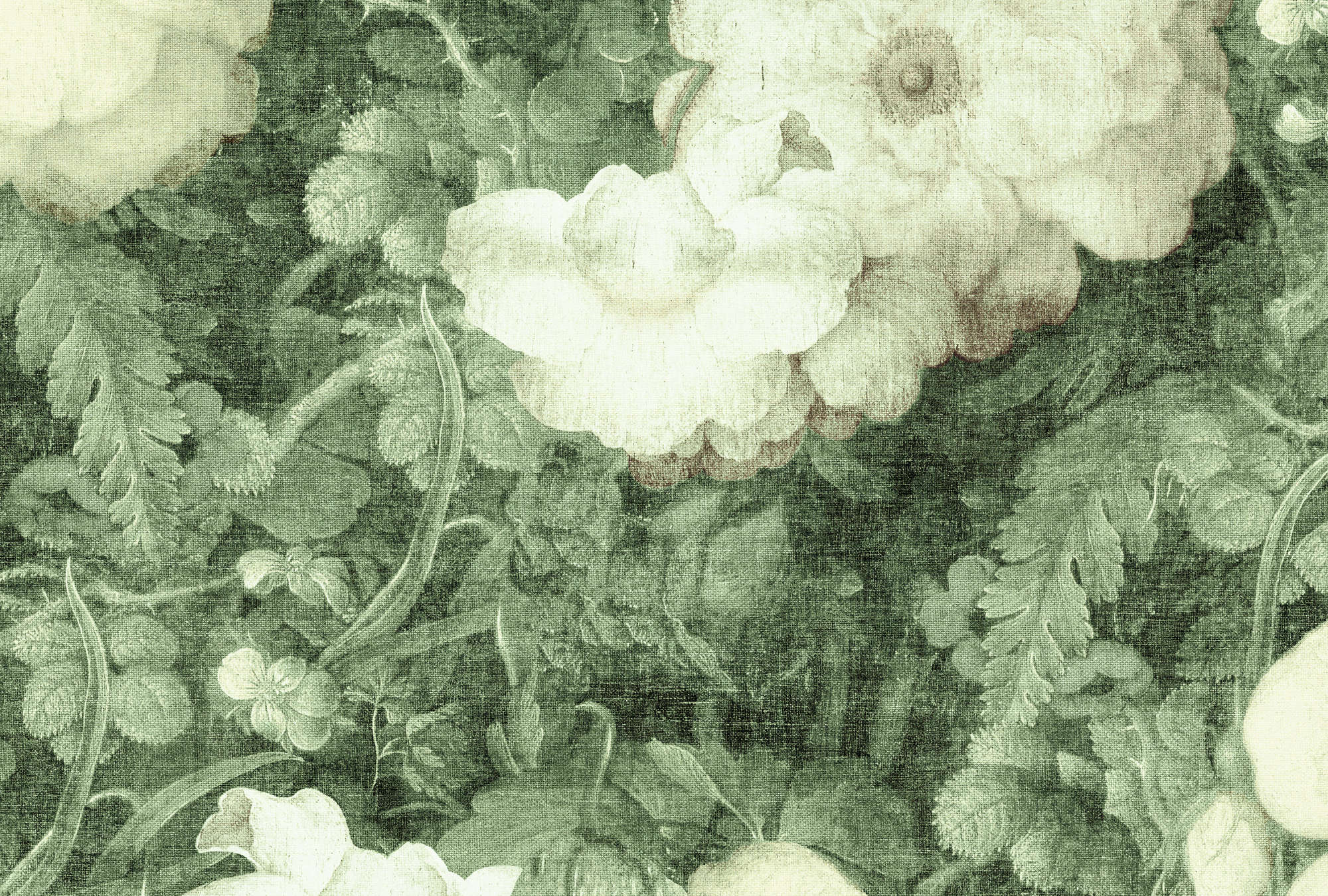             Blumen Fototapete Gemälde & natürlicher Leinen Look – Grün, Weiß
        