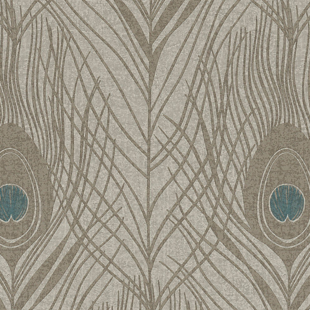            Braune Vliestapete mit Pfauenfedern, detailliert – Braun, Grau, Blau
        
