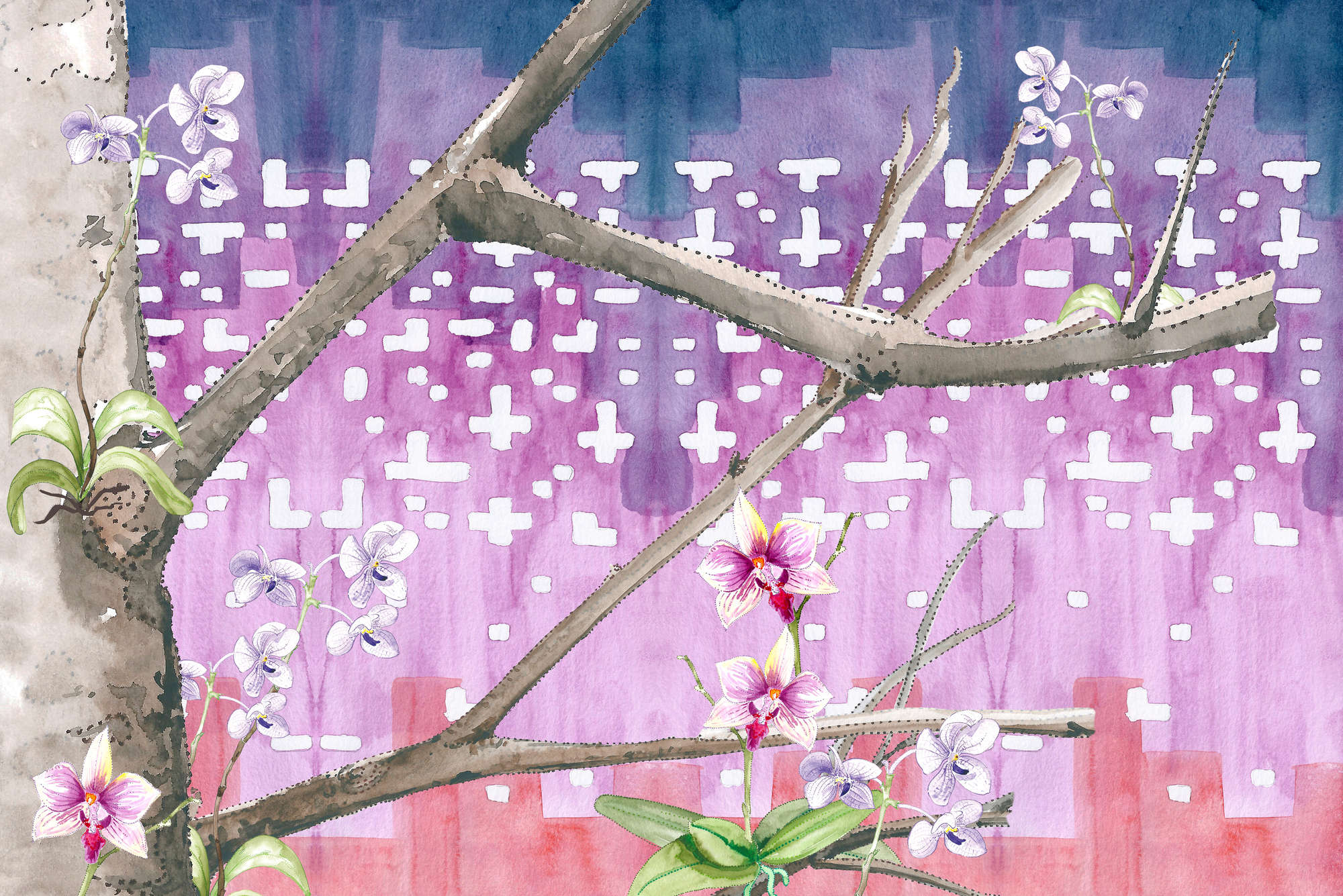             Künstlerische Fototapete Baum mit Blüten Grün, Rosa auf Matt Glattvlies
        