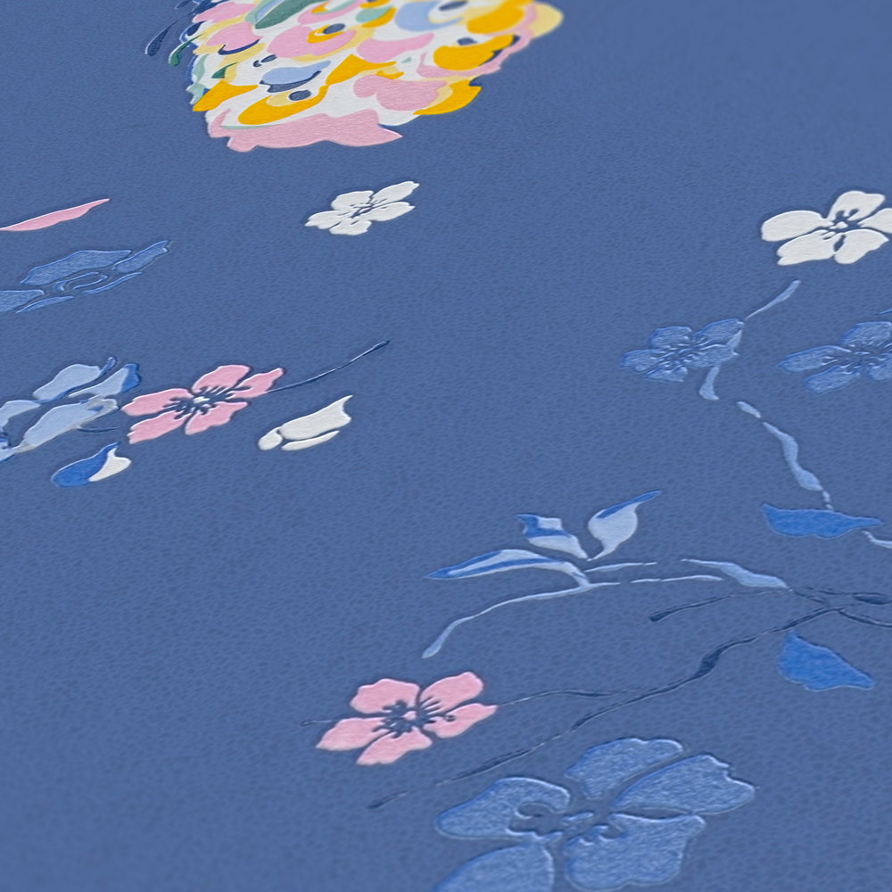             Vliestapete mit Pfau Muster und Glanzeffekt – Blau, Rosa, Bunt
        