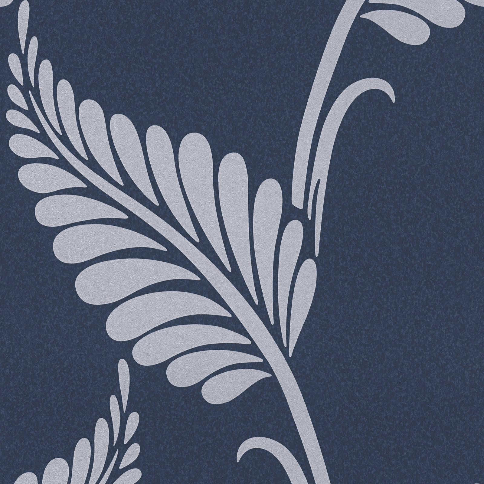 Florale Papiertapete glänzend mit Blättern – Blau, Silber
