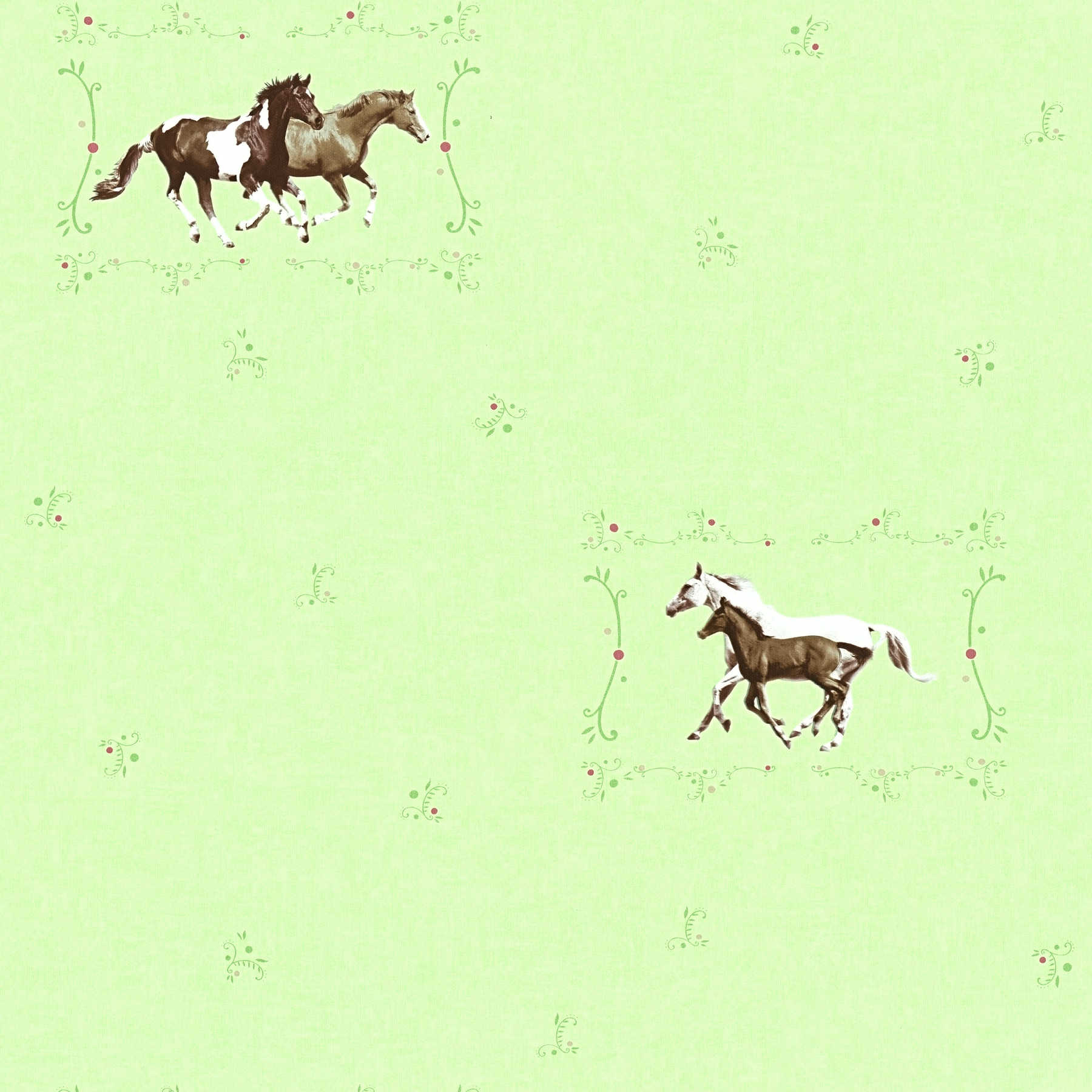 Pferde Tapete mit Fohlen & Dekormuster – Grün
