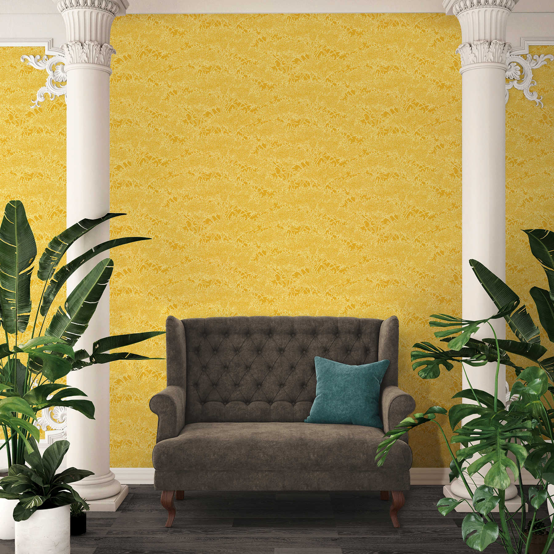             Gelbe Blumentapete mit hellgelber Umrandung – Gelb
        