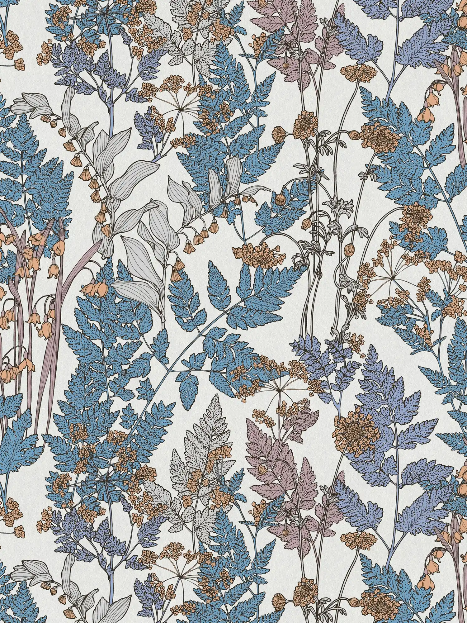         Natur Tapete Blätter & Blüten im modernen Landhaus Stil – Blau, Creme, Beige
    