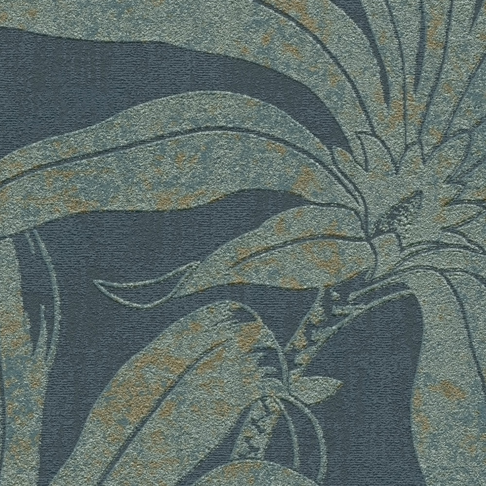             Florale Mustertapete mit botanischen Dschungelblättern – Petrol, Gold, blau
        