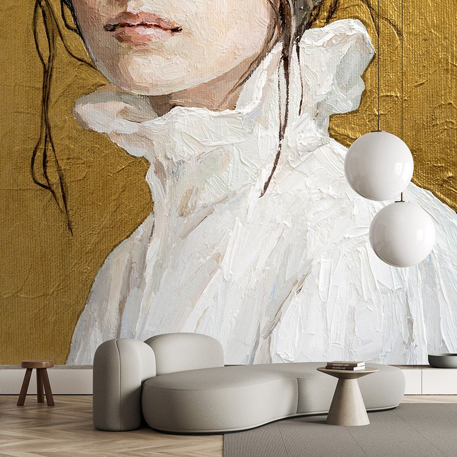 Fototapete »golda« - Teilportrait einer Frau – Kunstwerk mit Leinenstruktur | Mattes, Glattes Vlies

